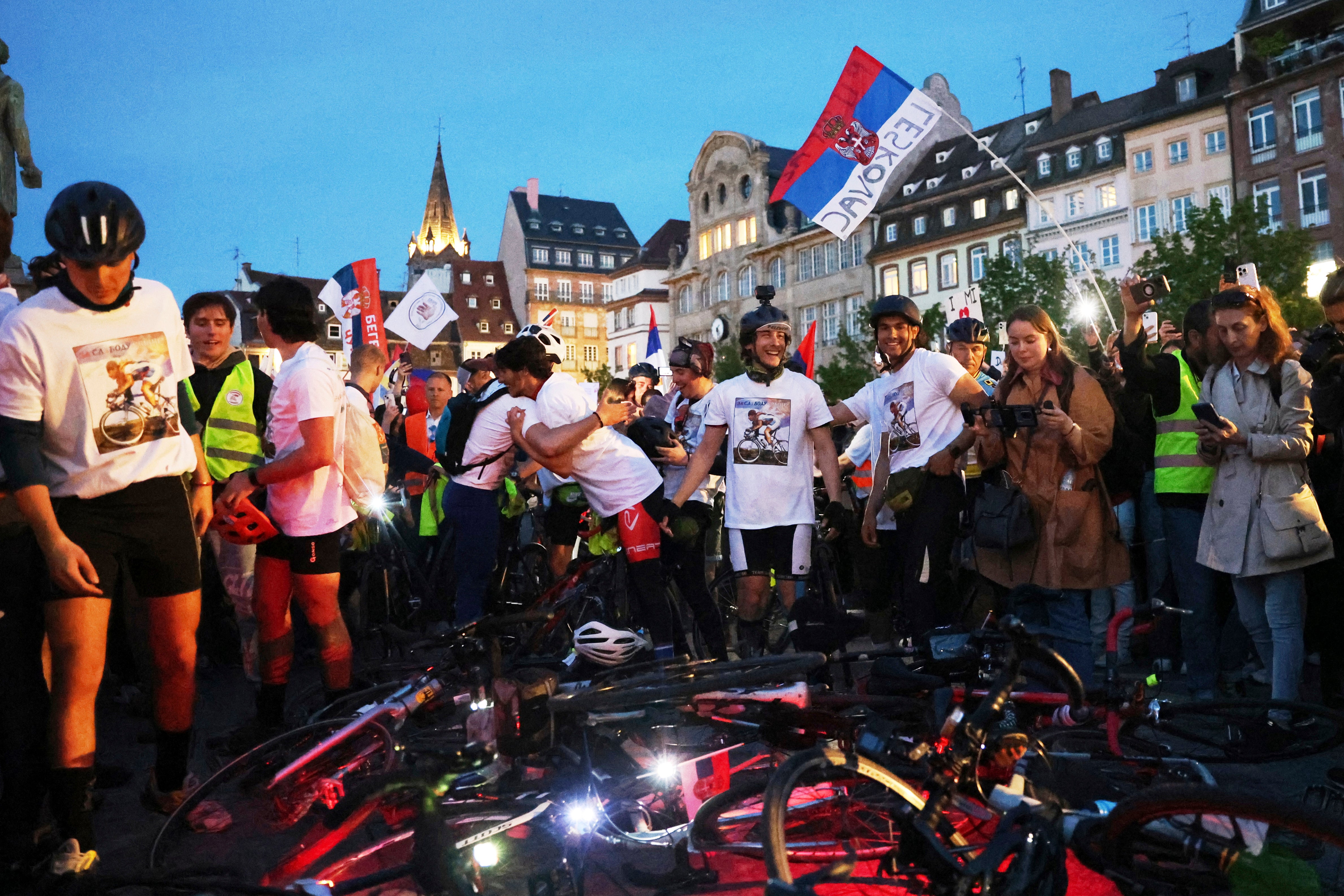 Serbian university students react after they arrive in the heart of the European Union to seek support, Tuesday, 15 April 2025 (AP Photo/Antonin Utz)