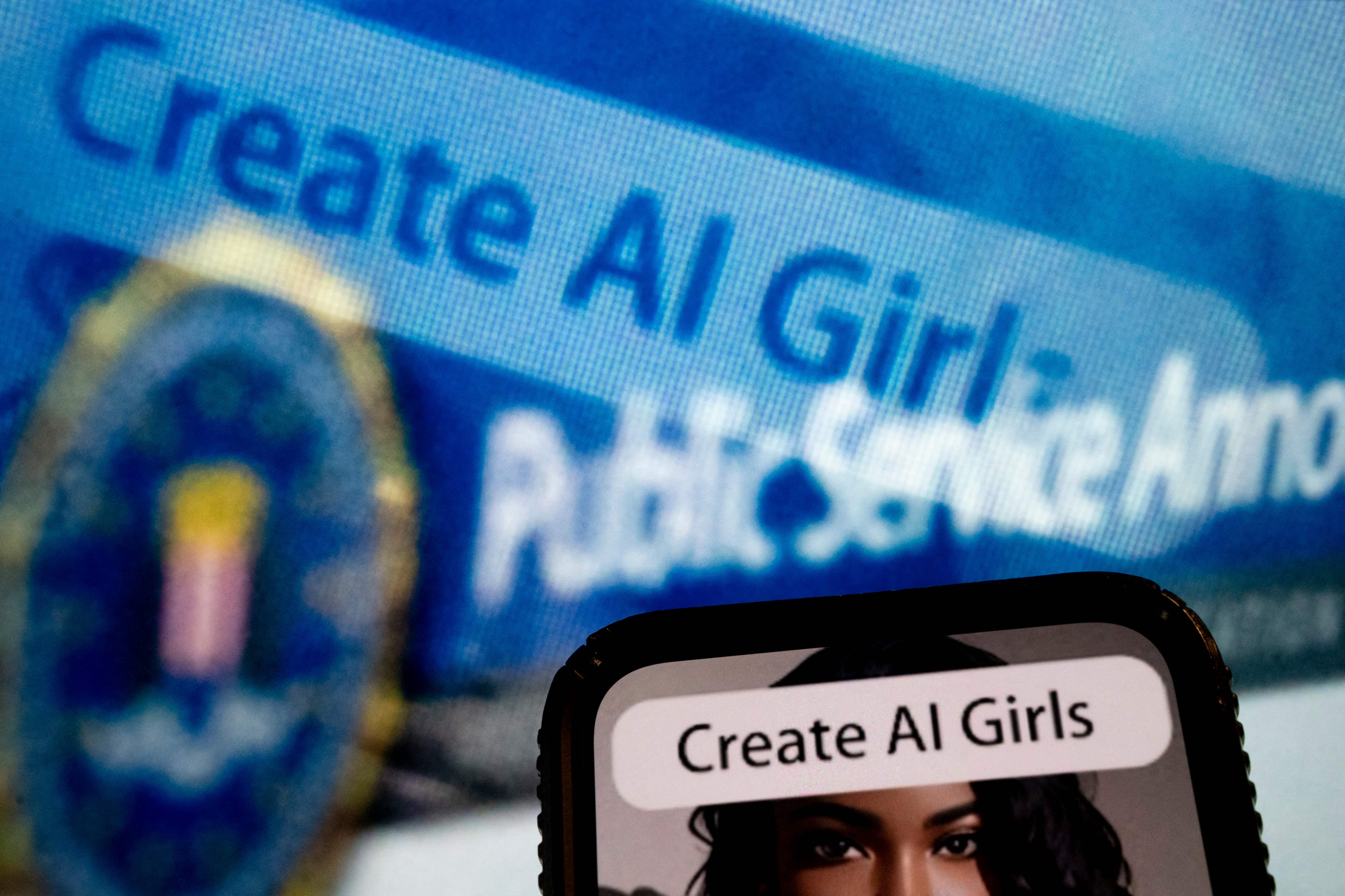 This photo illustration created on 18 July 2023, in Washington, DC, shows an advertisement to create AI girls reflected in a public service announcement issued by the FBI regarding malicious manipulation of pictures and videos