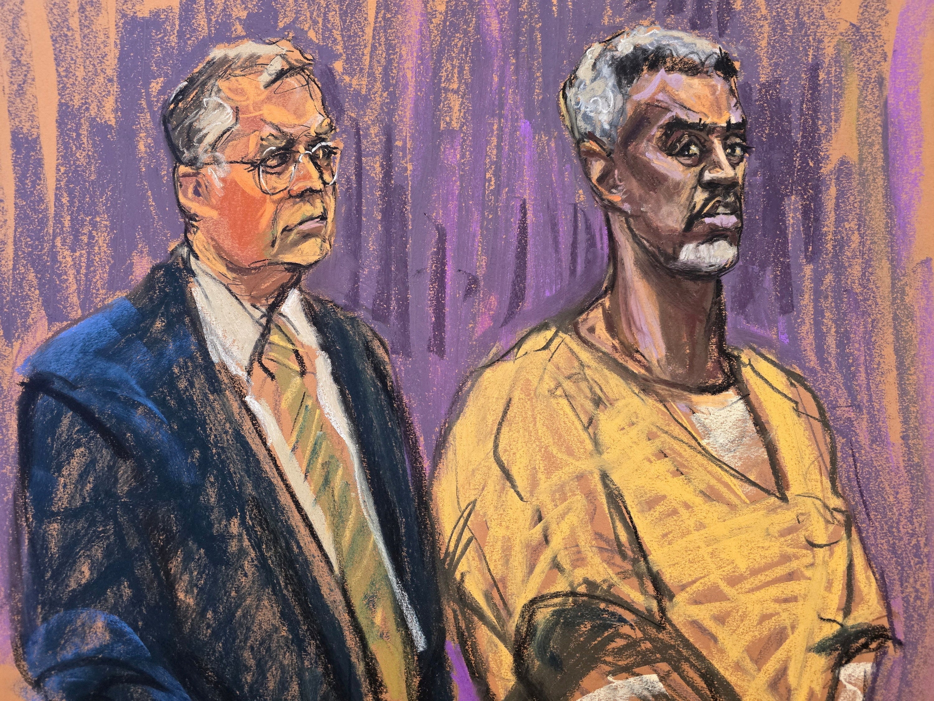 Diddy, shown in addition to his lawyer, Marca Agnifil, in the courtroom