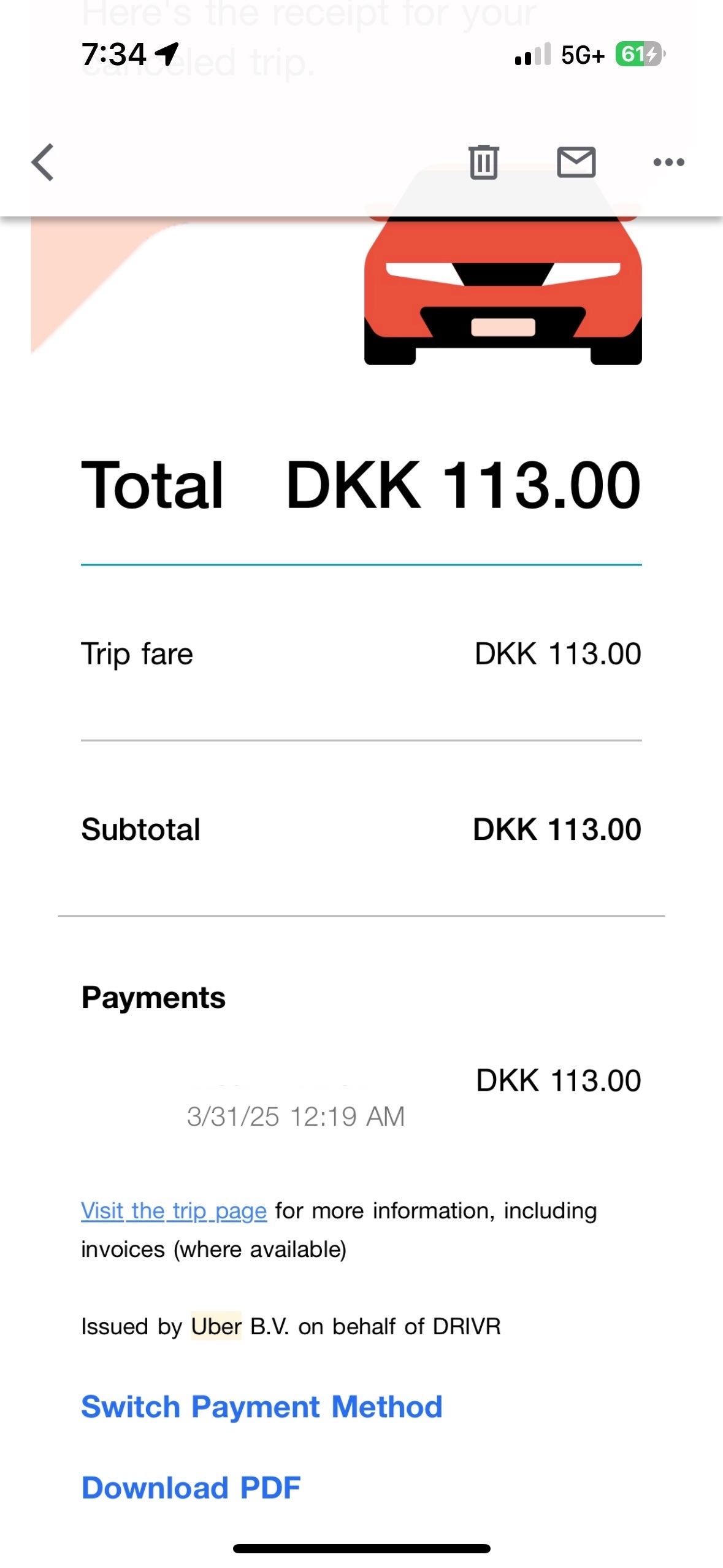 Receipt information screenshotted by Ray on the night confirmed a payment of 113 Danish Krones