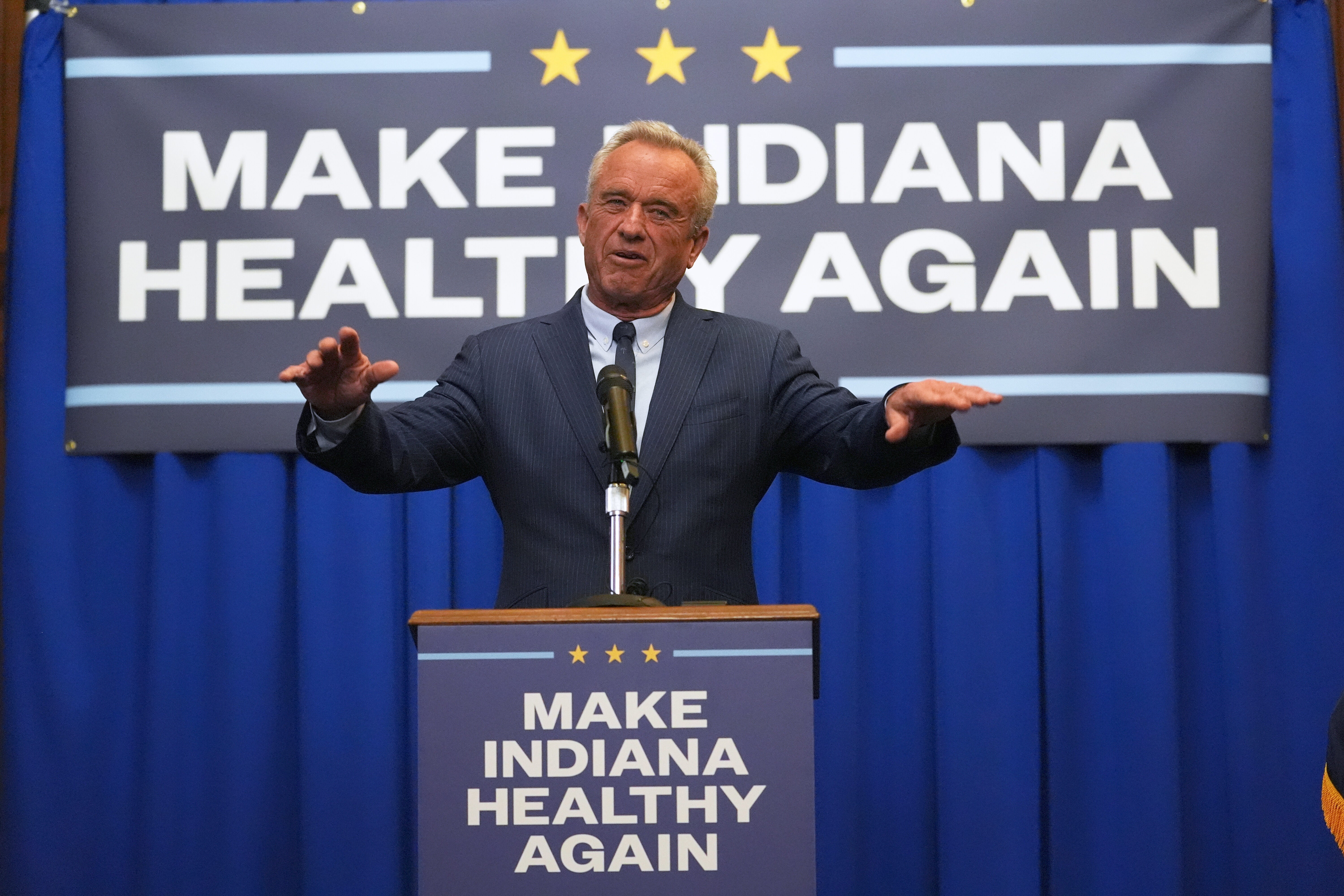 U.S. Health and Human Services Secretary Robert F. Kennedy, Jr speaks during a Make Indiana Healthy Again initiative event in Indianapolis, Tuesday, April 15, 2025. (AP Photo/Michael Conroy)