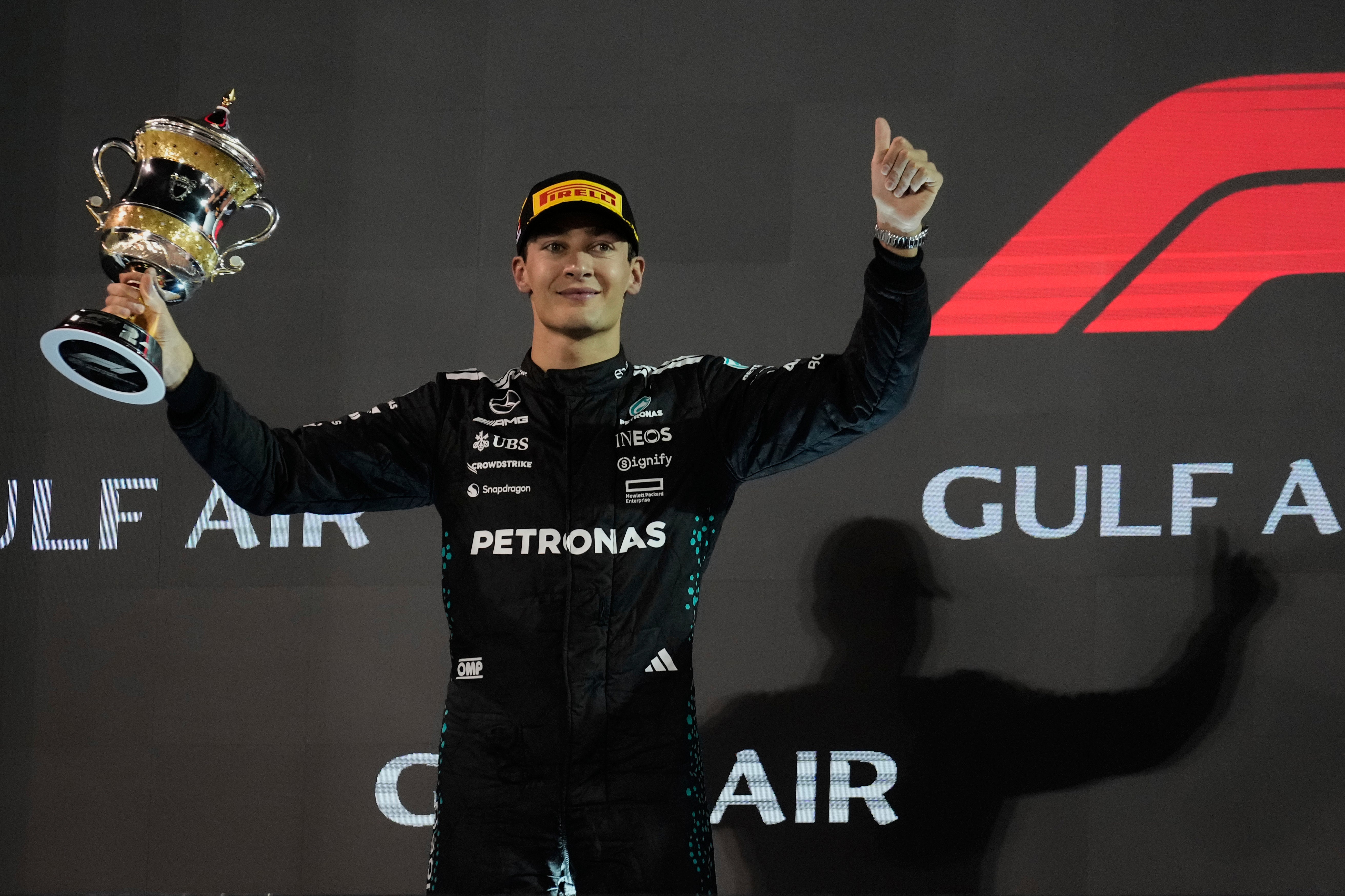 Mercedes driver George Russell of Britain celebrates second place at the the Formula One Bahrain Grand Prix