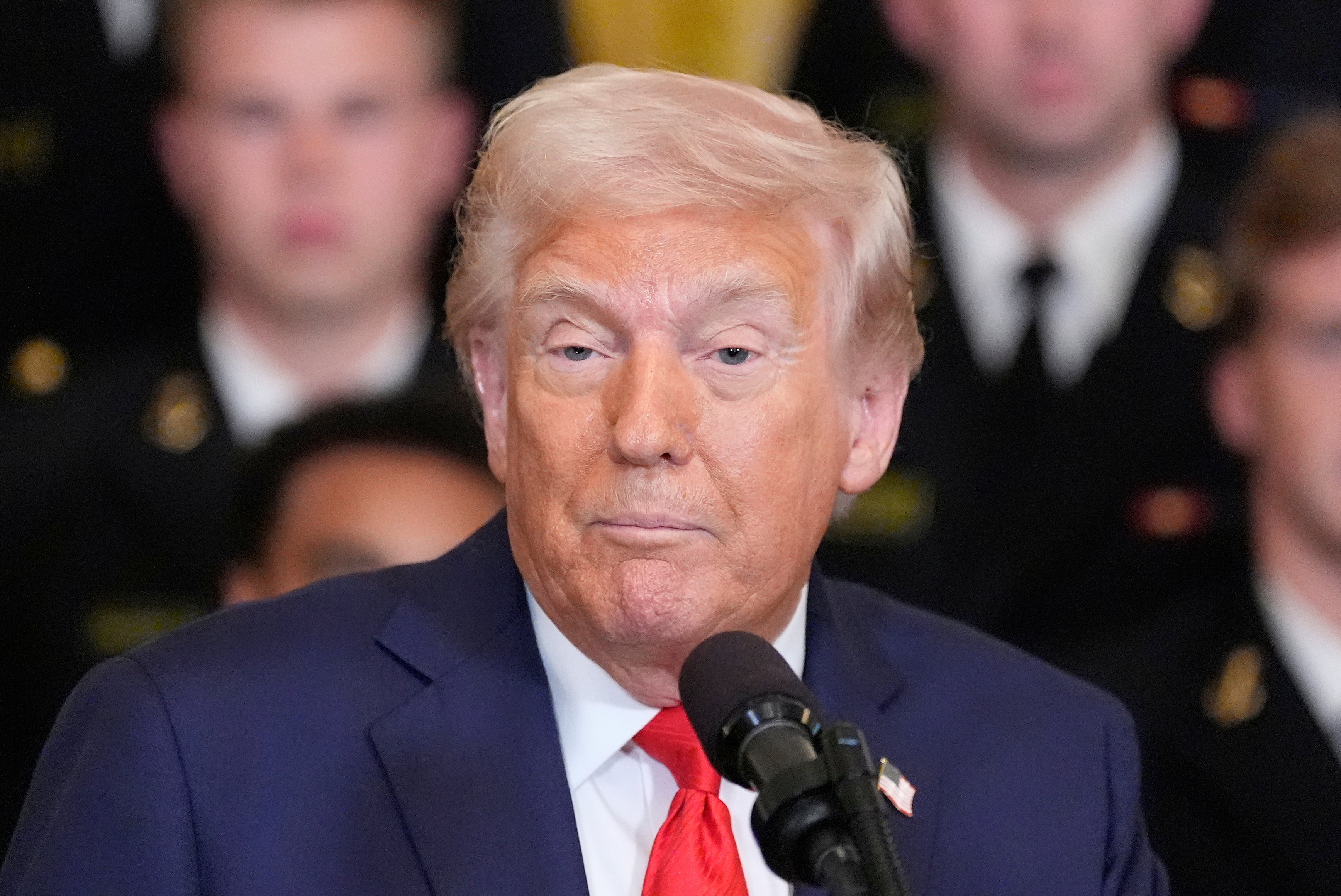 President Donald Trump speaks during the Commander-in-Chief trophy presentation to the Navy Midshipman football team in the White House on Tuesday