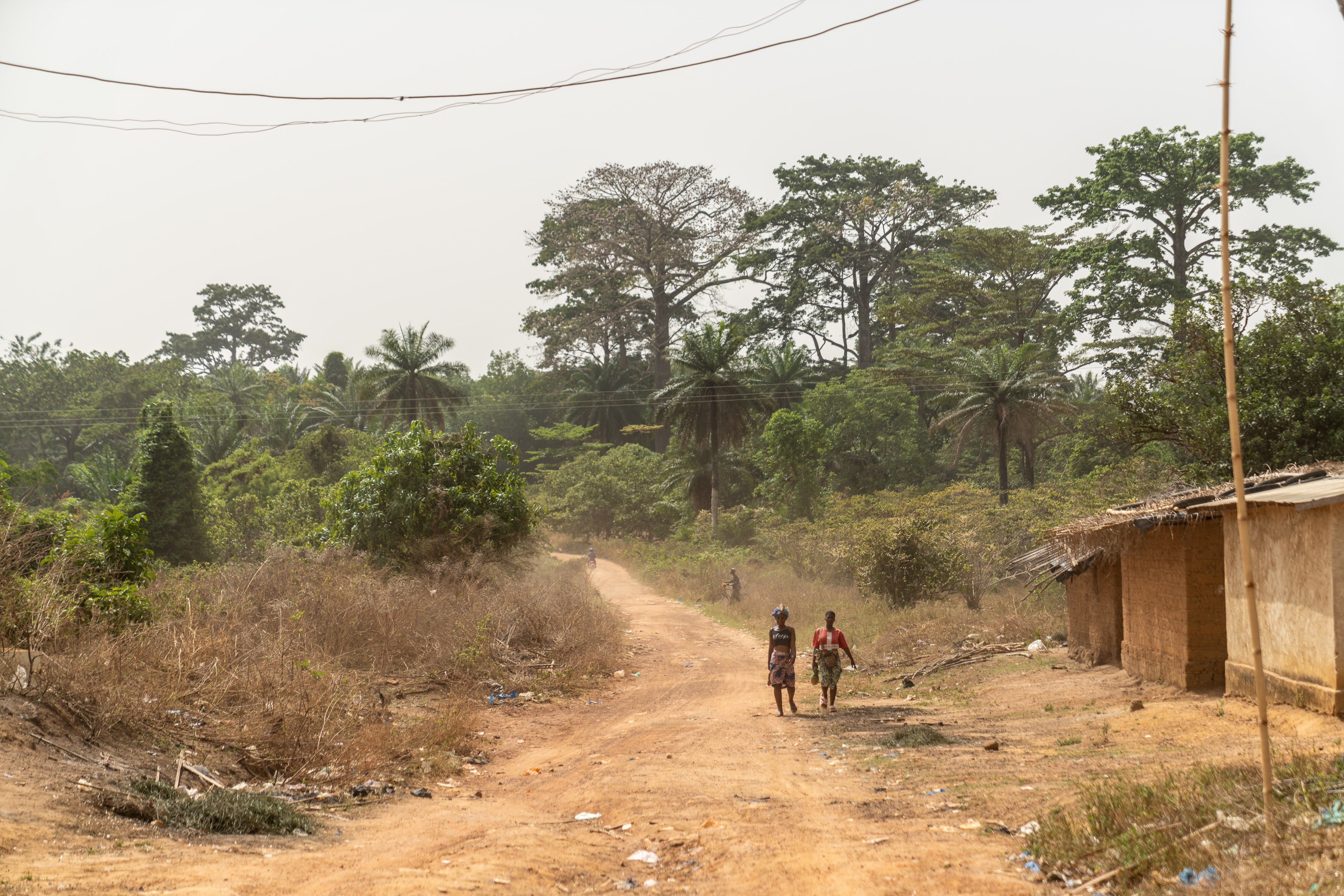Two women walk along a road into the cocoa farming village of Douele, in the Bafing-Tonkpi region, Ivory Coast