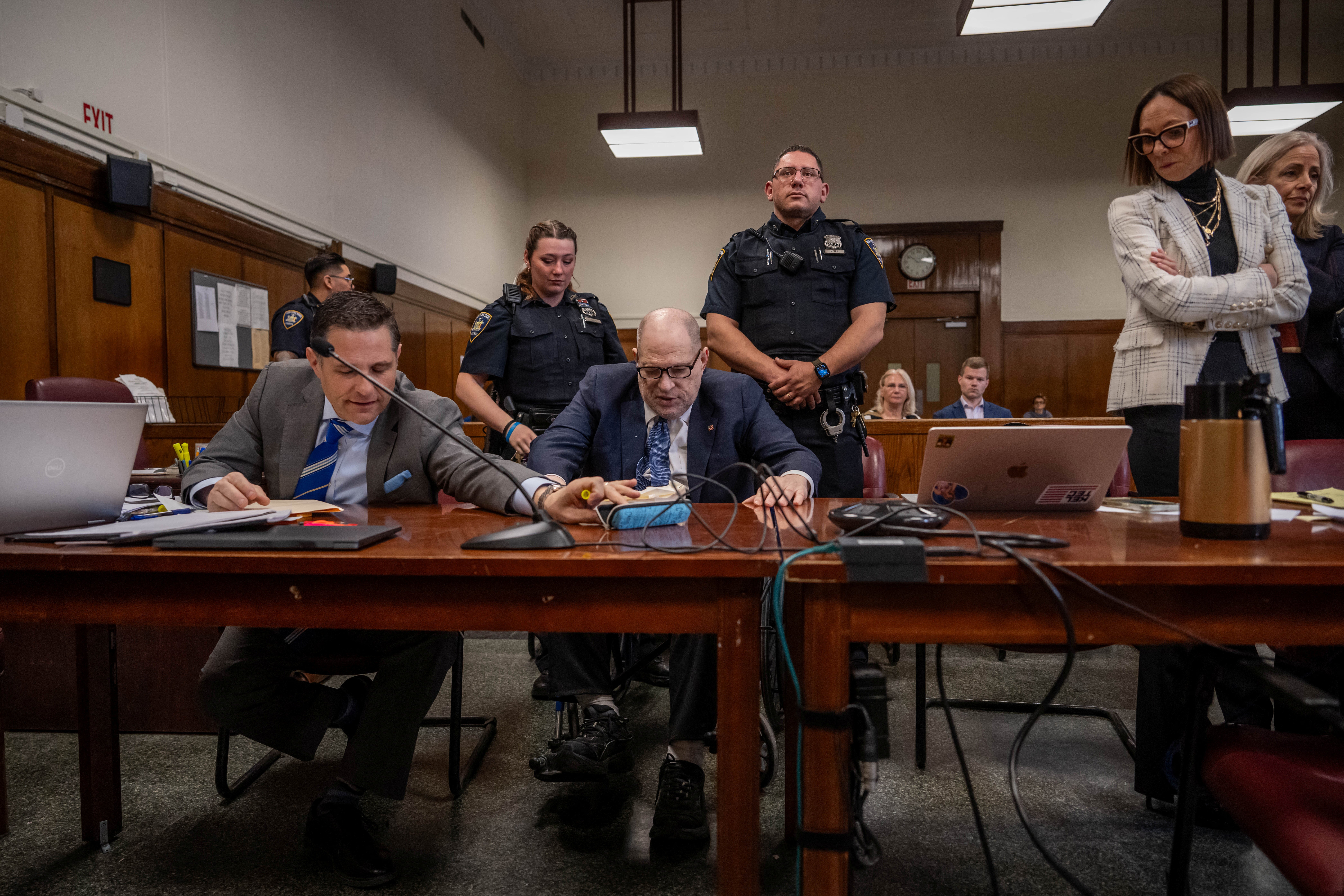 Former film producer Harvey Weinstein appears in court as jury selection continues in his retrial in Manhattan Criminal Court on April 16, 2025 in New York City