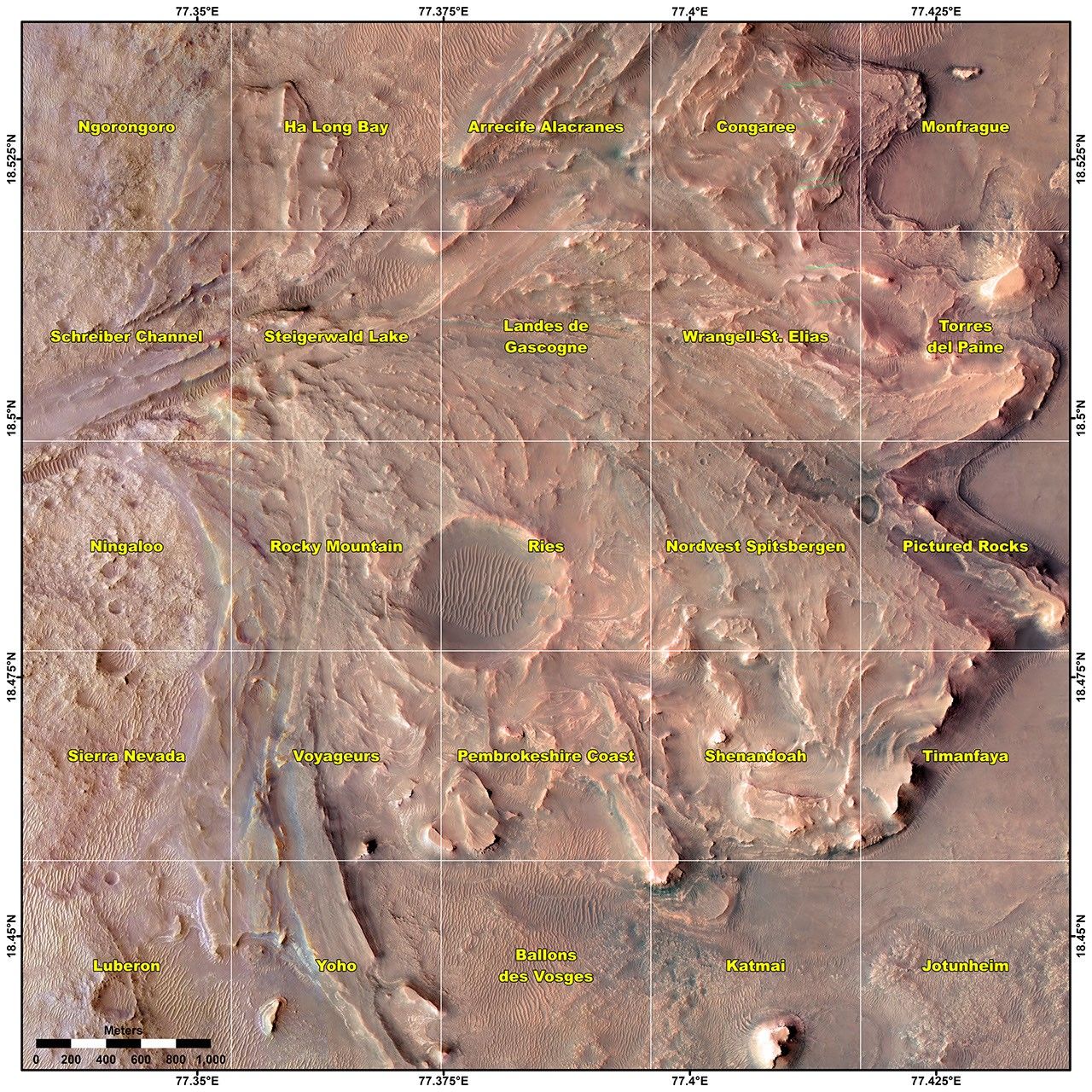 A NASA map shows the Shenandoah (bottom right) and other quadrants of the Martian Jezero Crater. Calcium sulfate minerals formed beneath the crater there