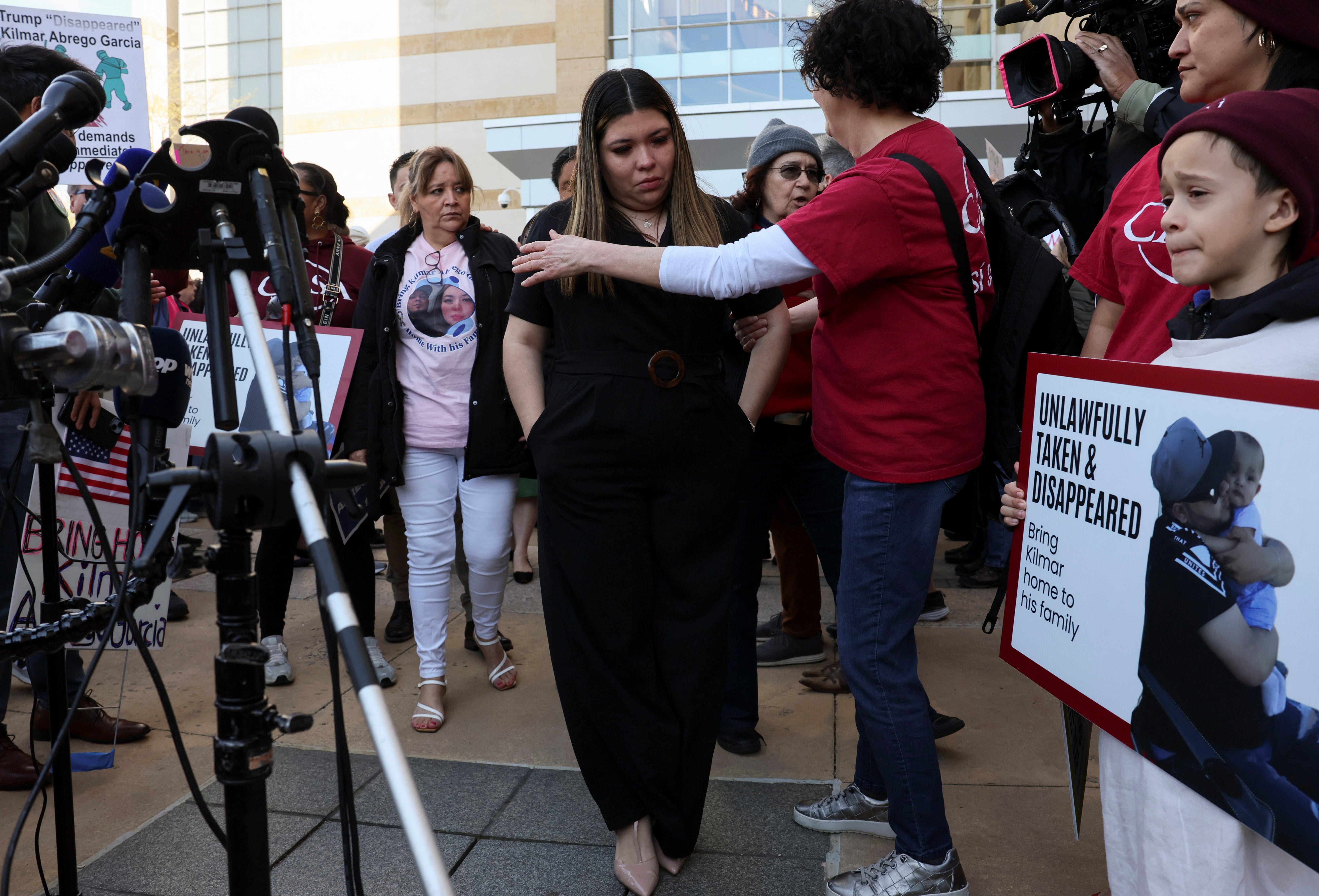 Kilmar Abrego Garcia’s wife Jennifer Vasquez Sura joins supporters outside a federal courthouse in Maryland on April 15