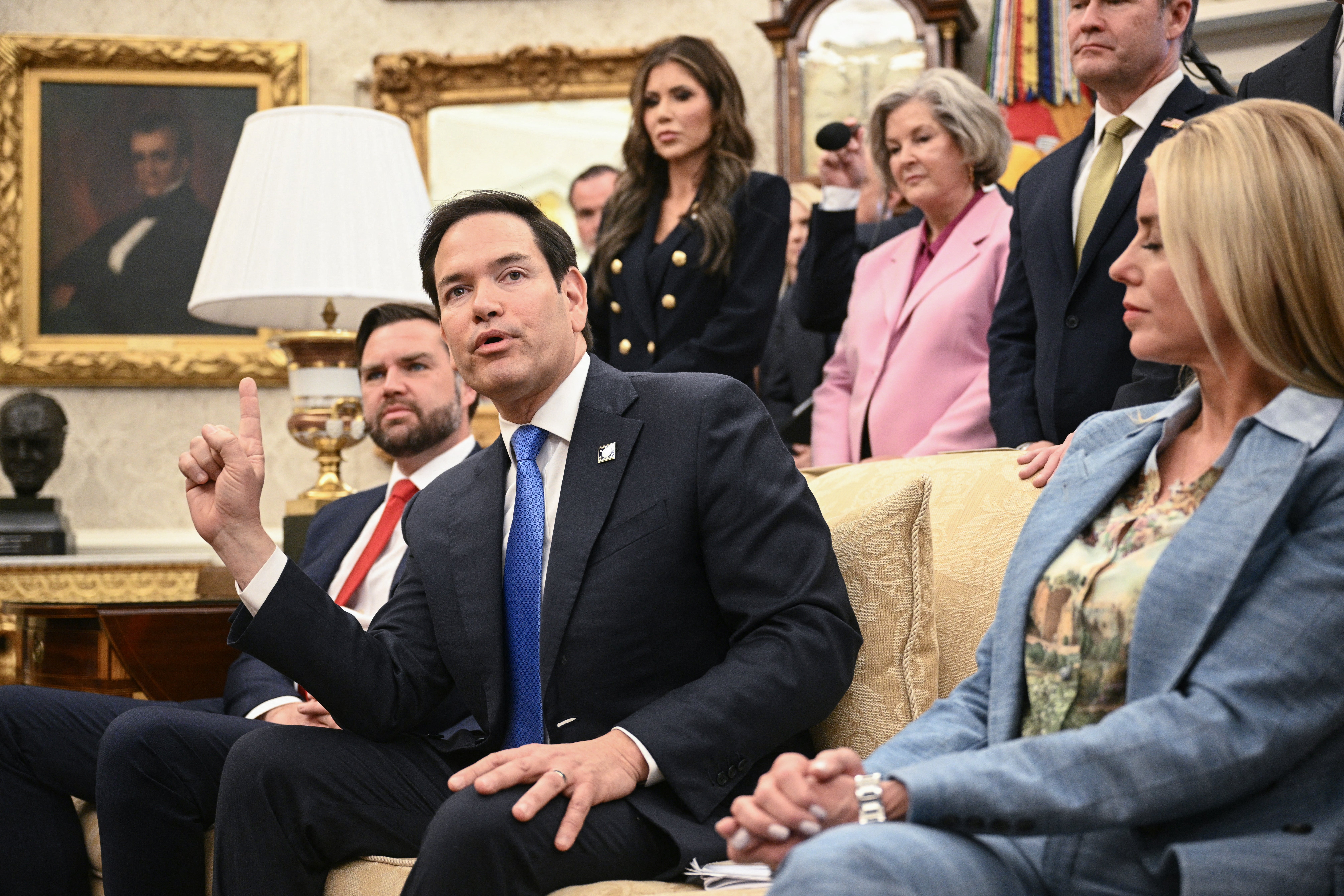 Marco Rubio speaks in the Oval Office of the White House in Washington, DC, April 14, 2025. The State Department has shut down an office battling foreign disinformation
