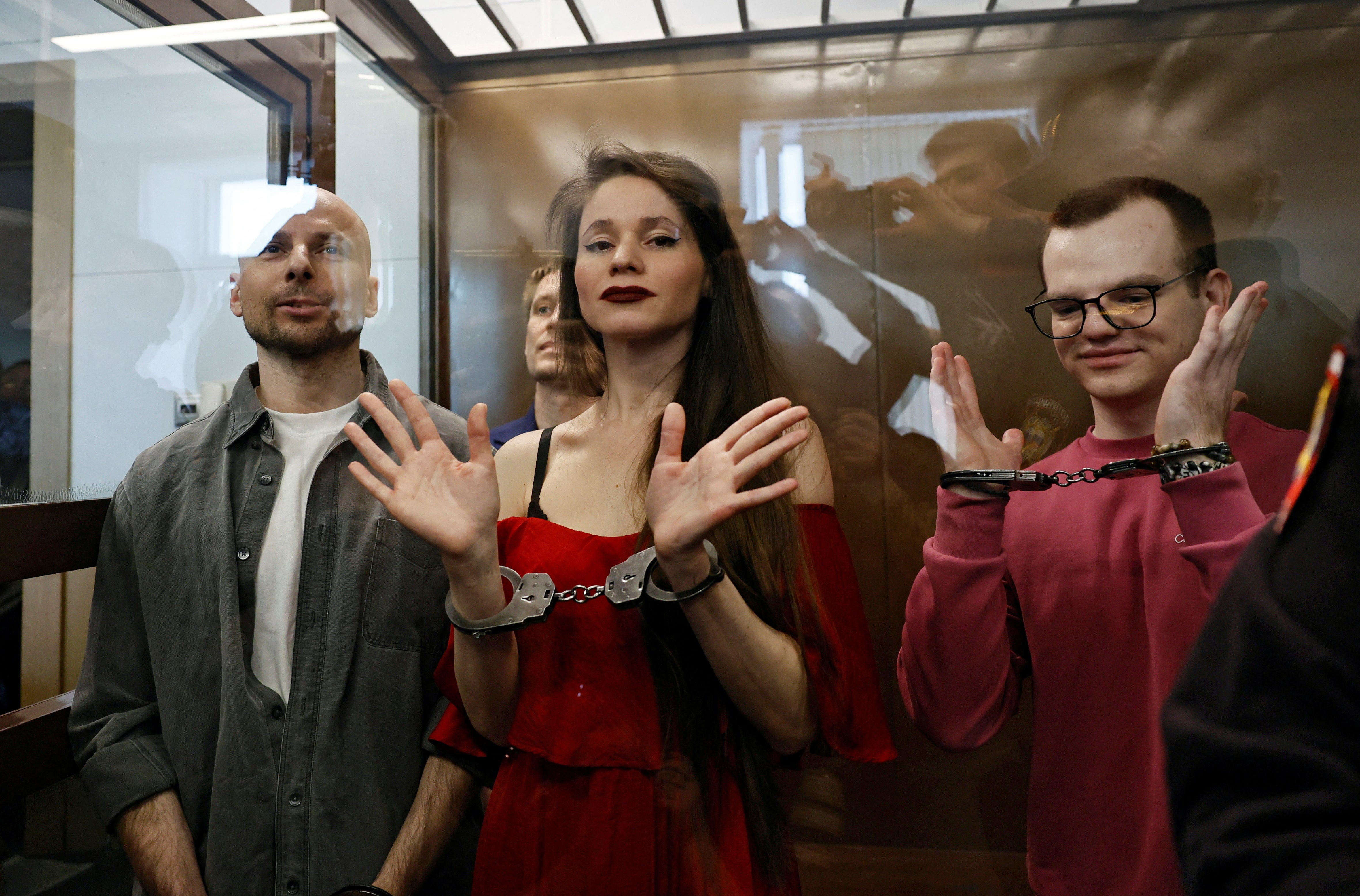 Journalists Sergei Karelin, Konstantin Gabov, Antonina Favorskaya and Artem Kriger, accused of taking part in the activities of an 'extremist' organisation founded by late opposition politician Alexei Navalny, attend a court hearing in Moscow, Russia 15 April 2025