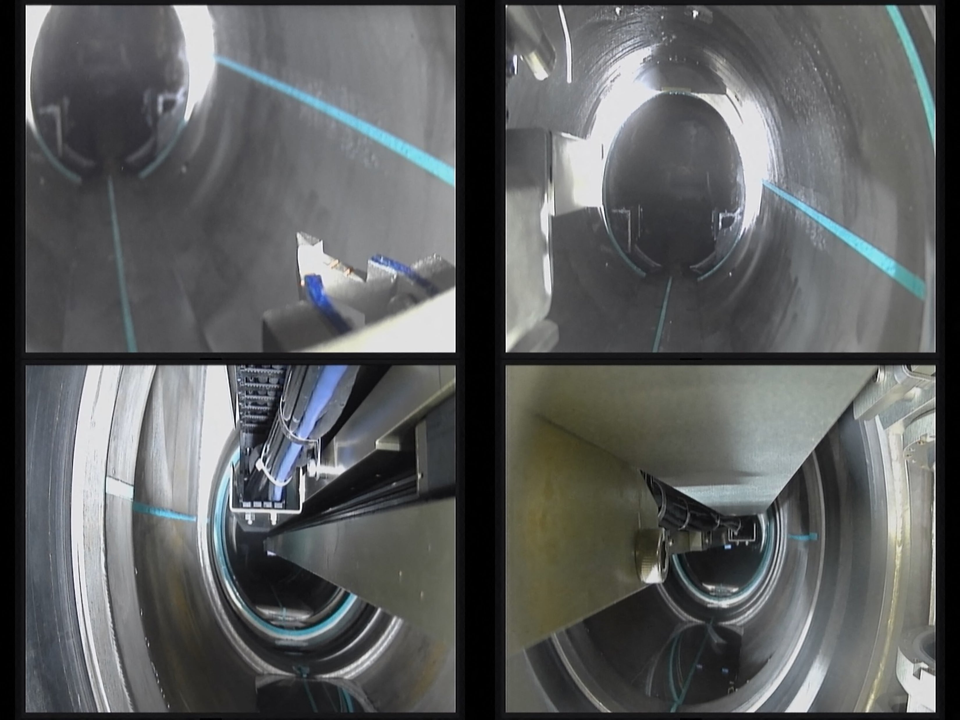 A combination of images illustrating the end jig passing through the isolation valve during the second fuel debris trial retrieval at Tepco's Fukushima Daiichi nuclear power plant in Okuma, Fukushima prefecture