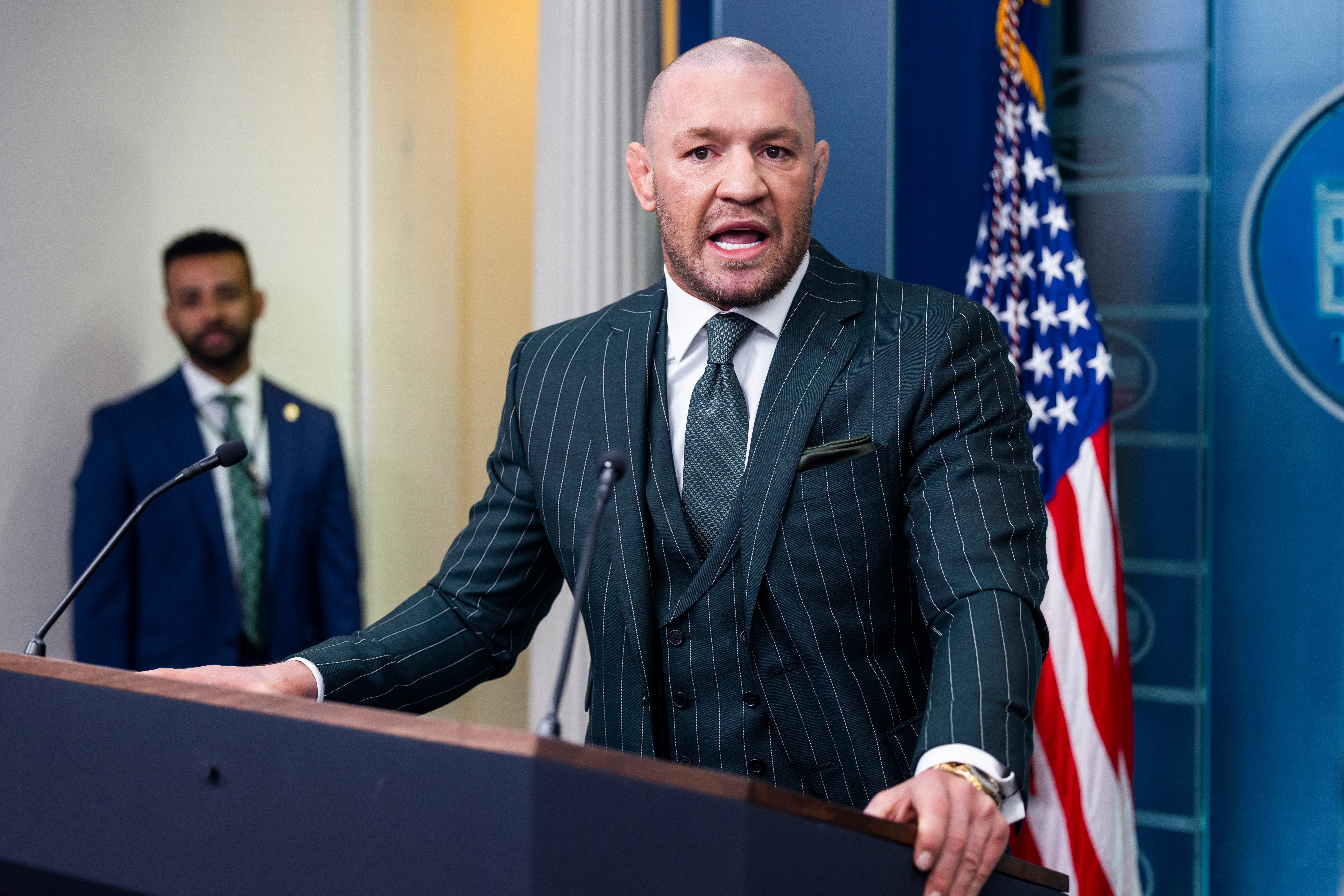 Ex-UFC champion Conor McGregor speaks in the White House Briefing Room on March 17 this year