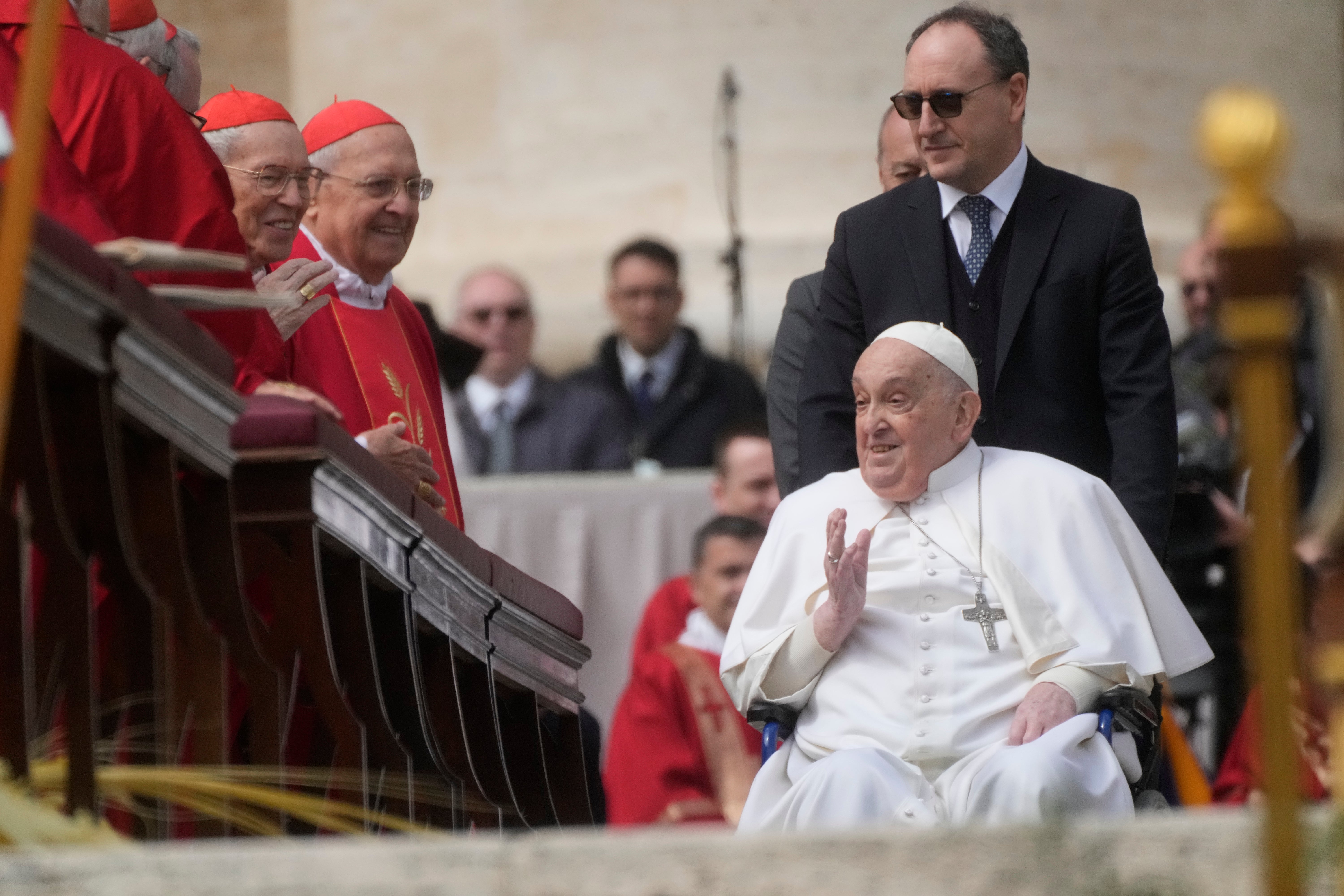 Pope Francis arrives at the end of the mass on Palm Sunday in St. Peter's Square at The Vatican on April 13
