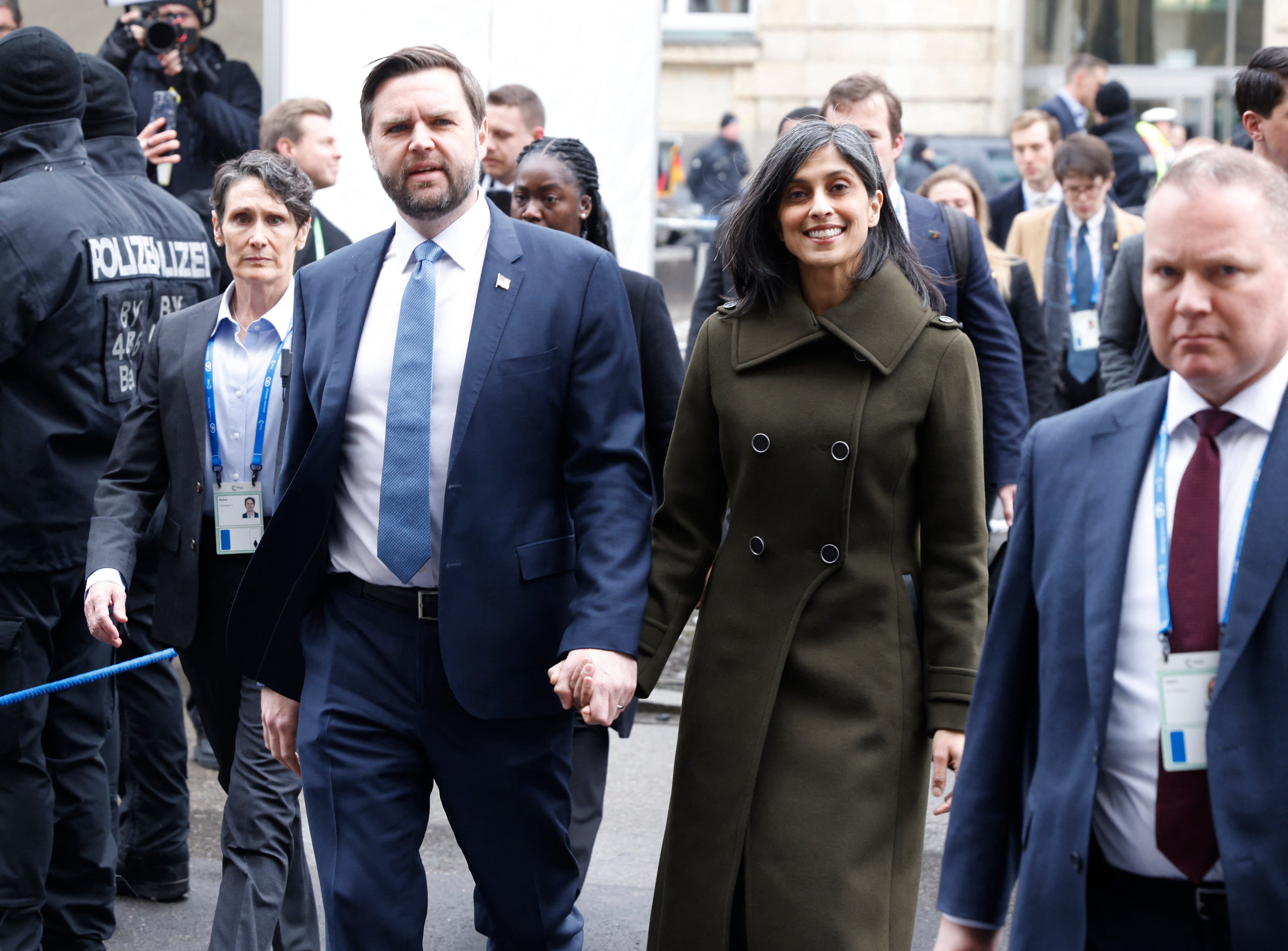 Vance and his wife, Usha, arrive for the Munich Security Conference in February