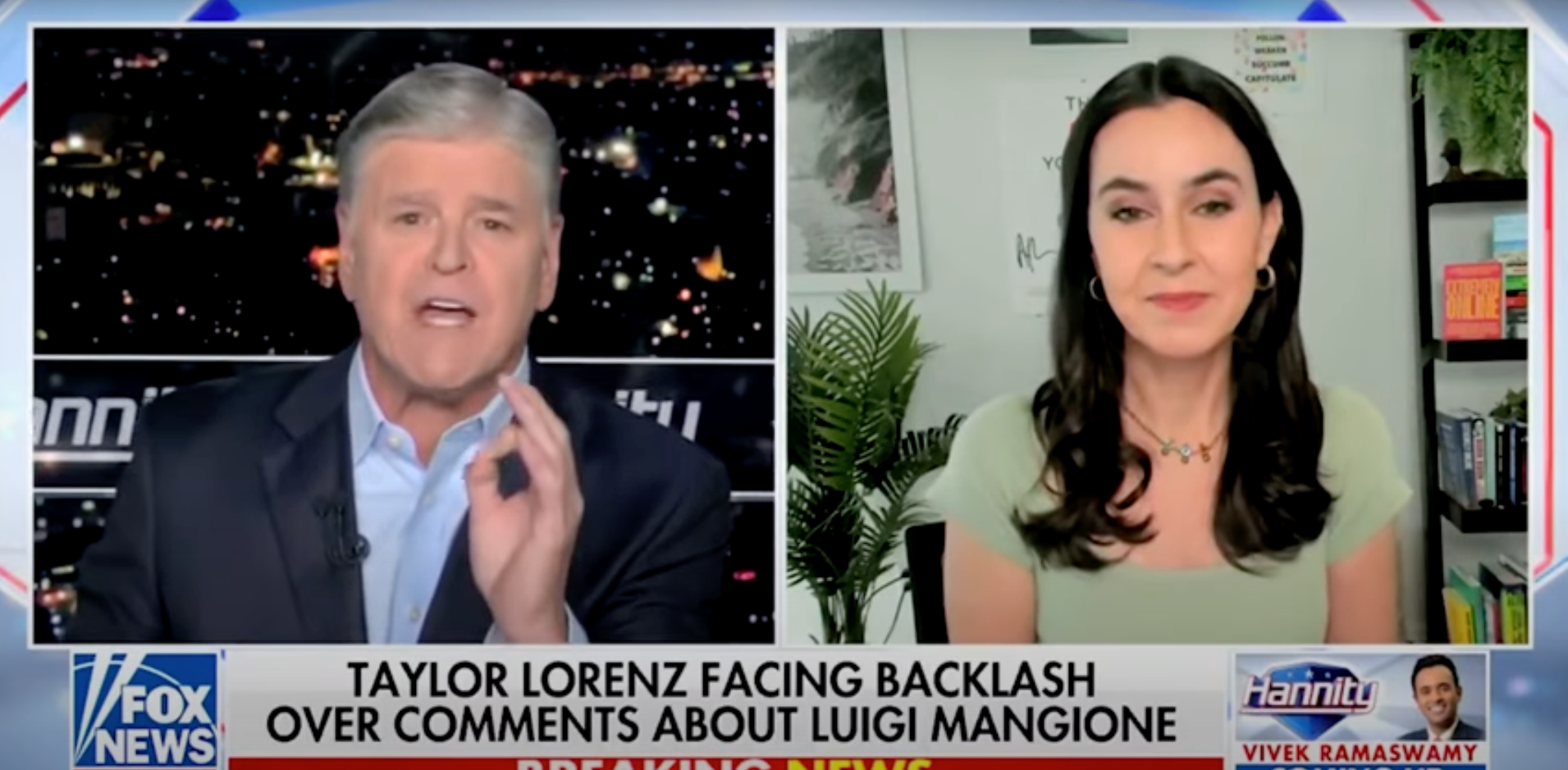 Fox News host Sean Hannity (left) grilled Taylor Lorenz over her comments on accused United CEO healthcare Luigi Mangione