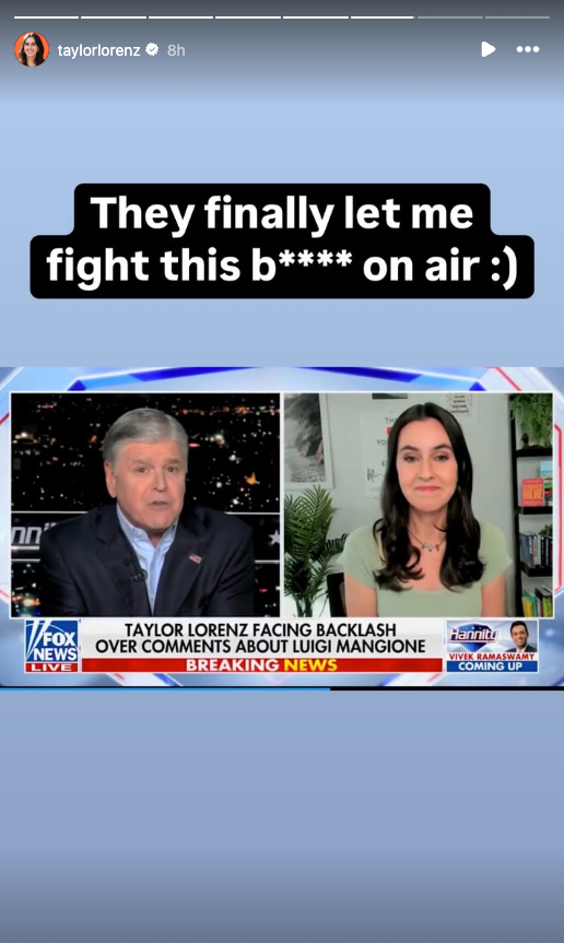 Lorenz wrote a scathing post about Hannity on social media hours after speaking with him live on air