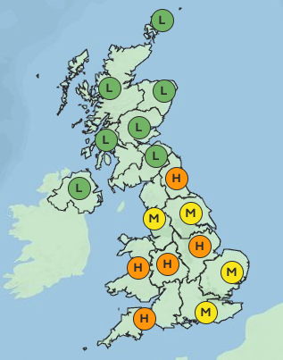 Pollen levels are set to be "high" and "medium" in much of England on Sunday, according to the Met Office