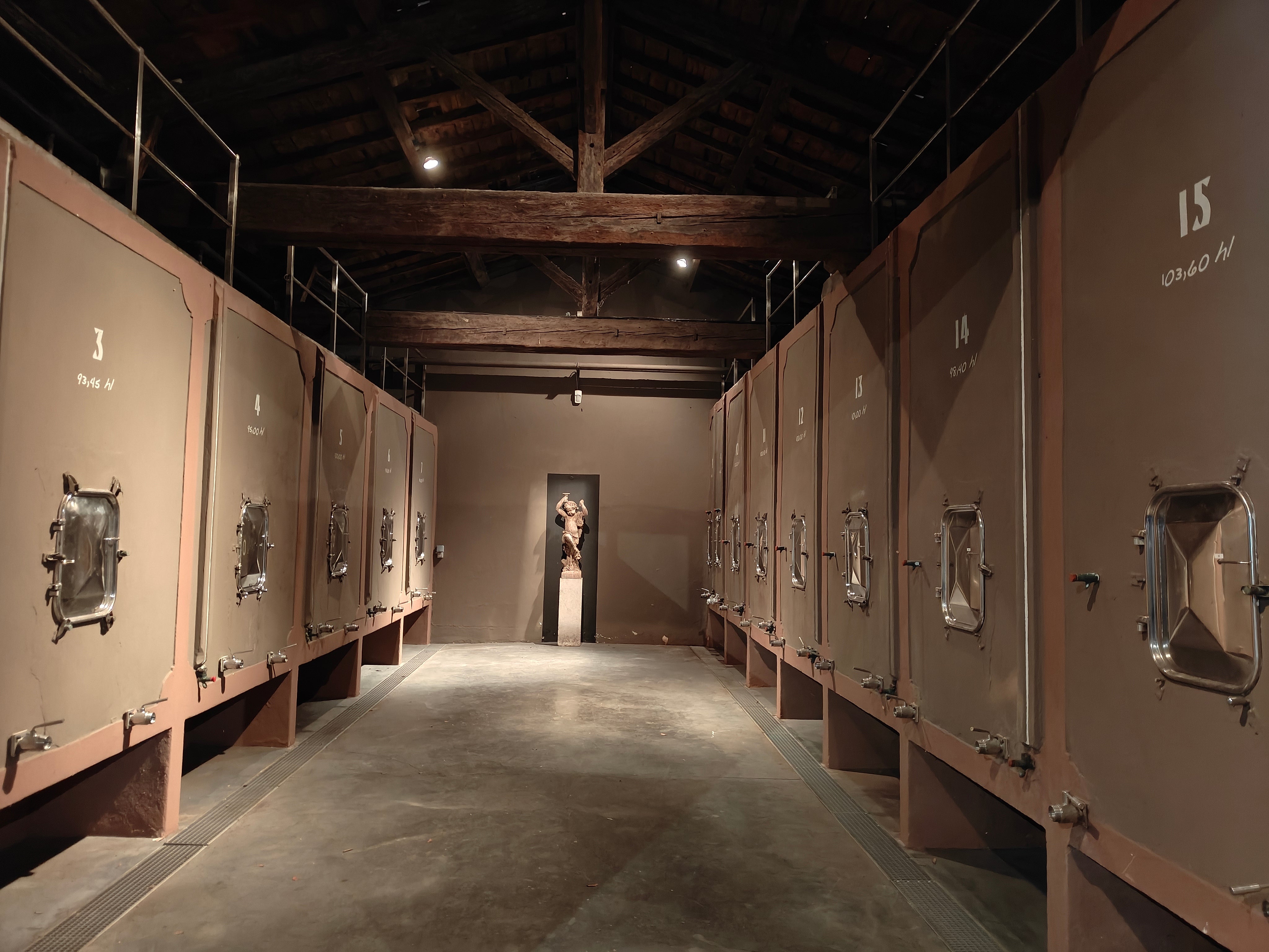 Vast steel vats are where delicious wine is prepared in Chateau Siran