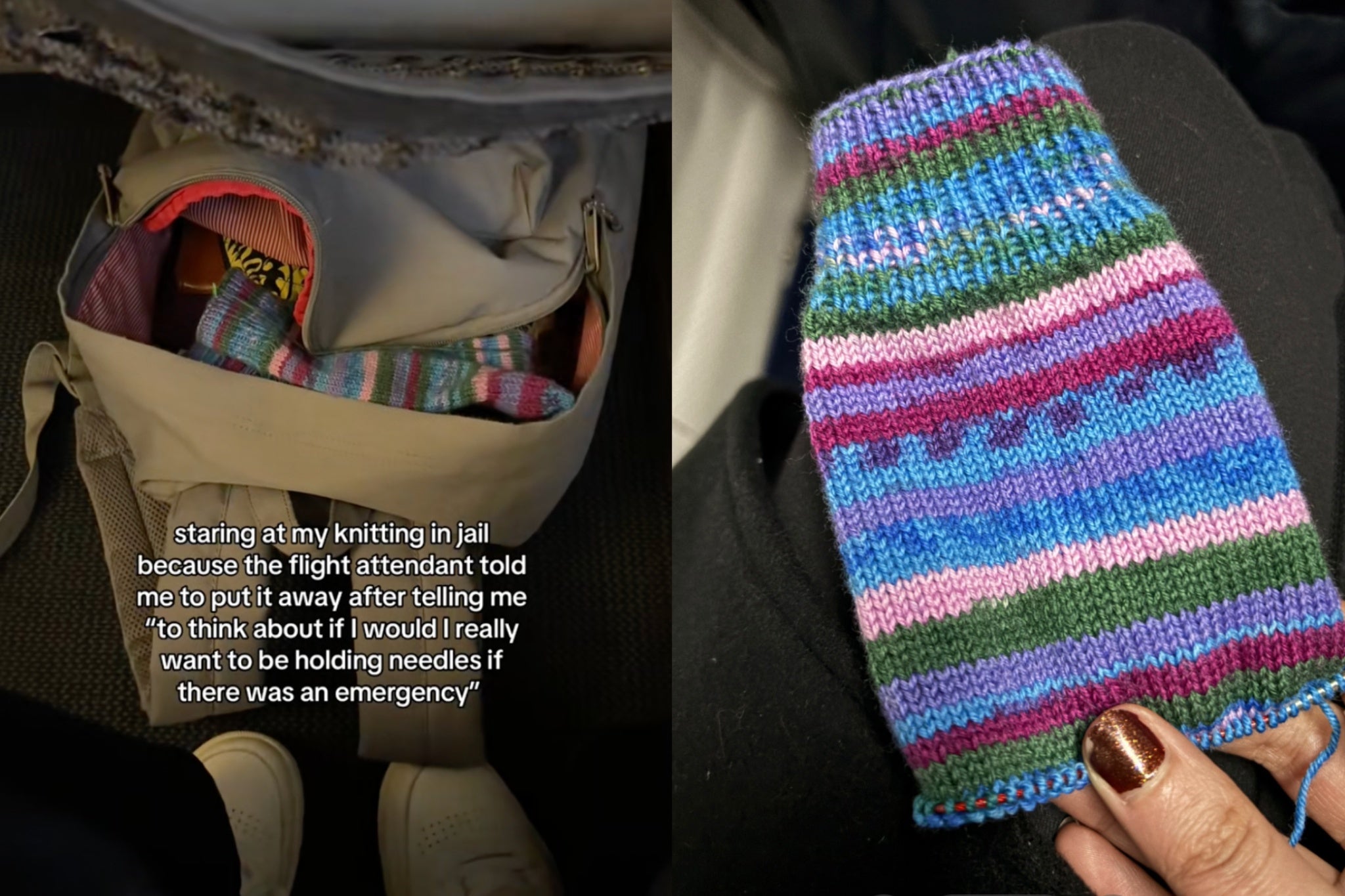 The flight attendant told Brittany that she shouldn’t have her knitting needles out in case of an emergency