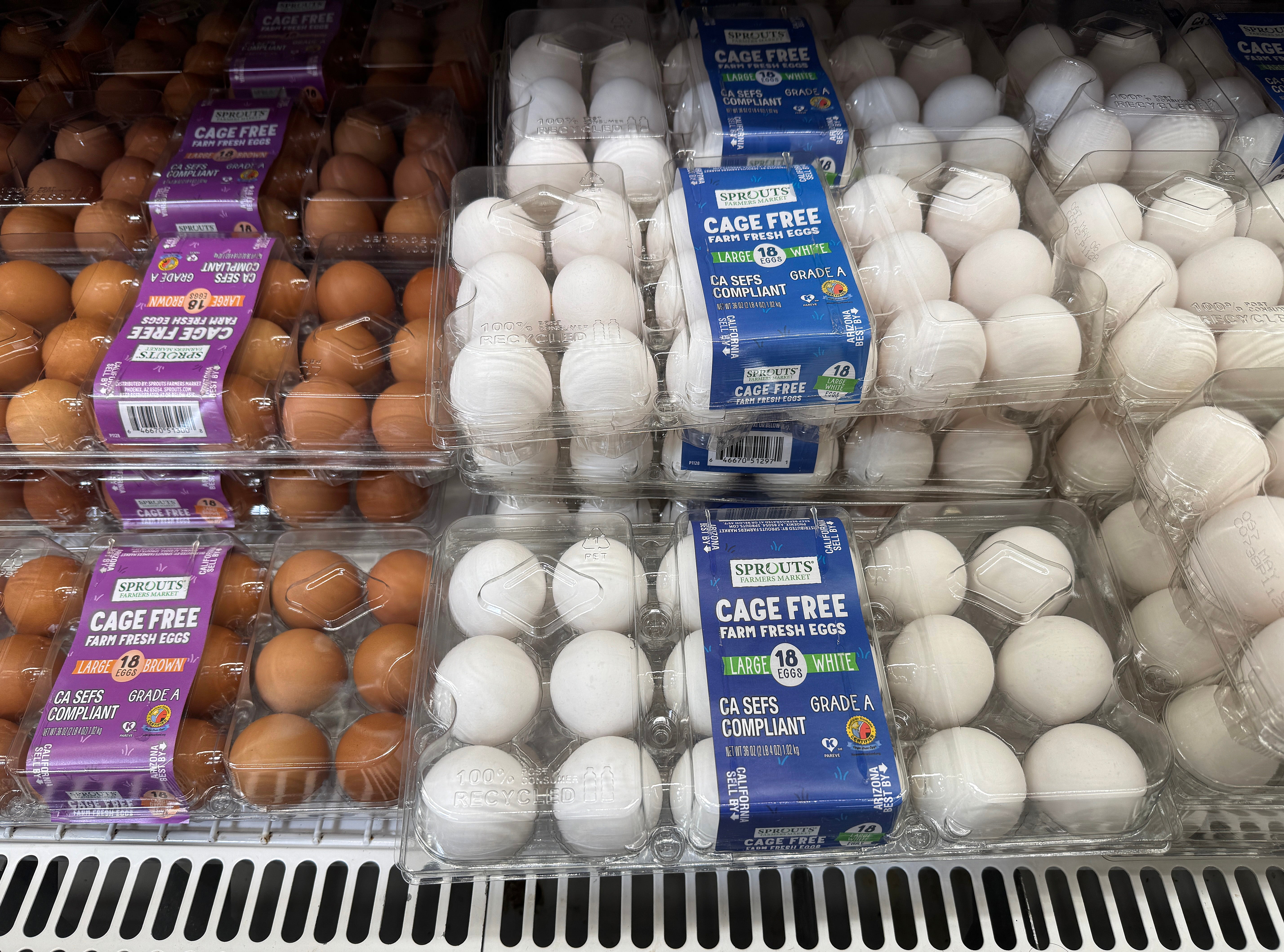 Eggs are displayed on a shelf at a Sprouts grocery store on April 11, 2025 in San Rafael, California