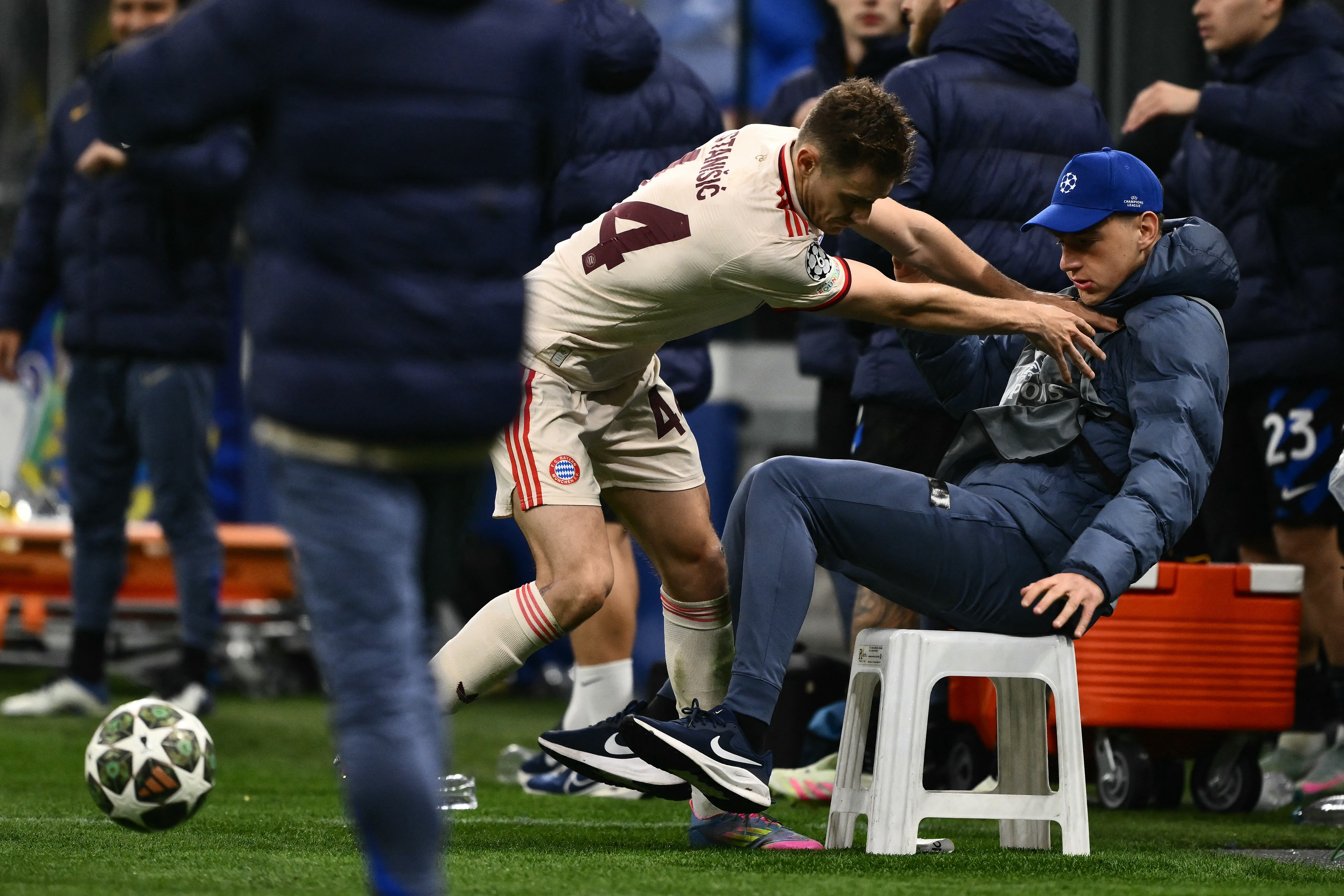 Bayern Munich's Croatian defender #44 Josip Stanisic reacts during the UEFA Champions League quarter final second leg football match between Inter Milan and Bayern Munich at the San Siro stadium in Milan on April 16, 2025
