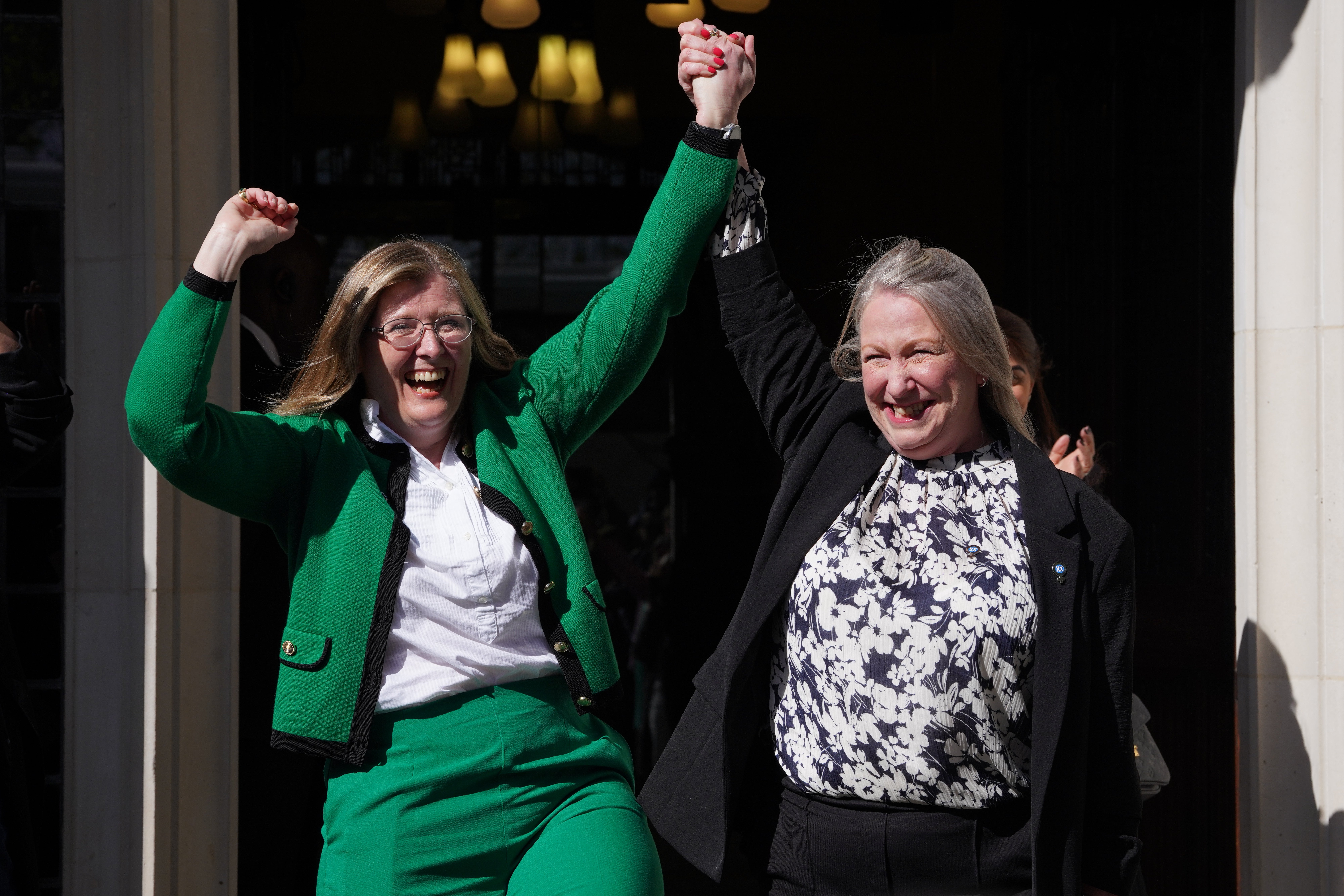 Susan Smith (left) and Marion Calder, co-directors of For Women Scotland, celebrate the landmark ruling outside the Supreme Court