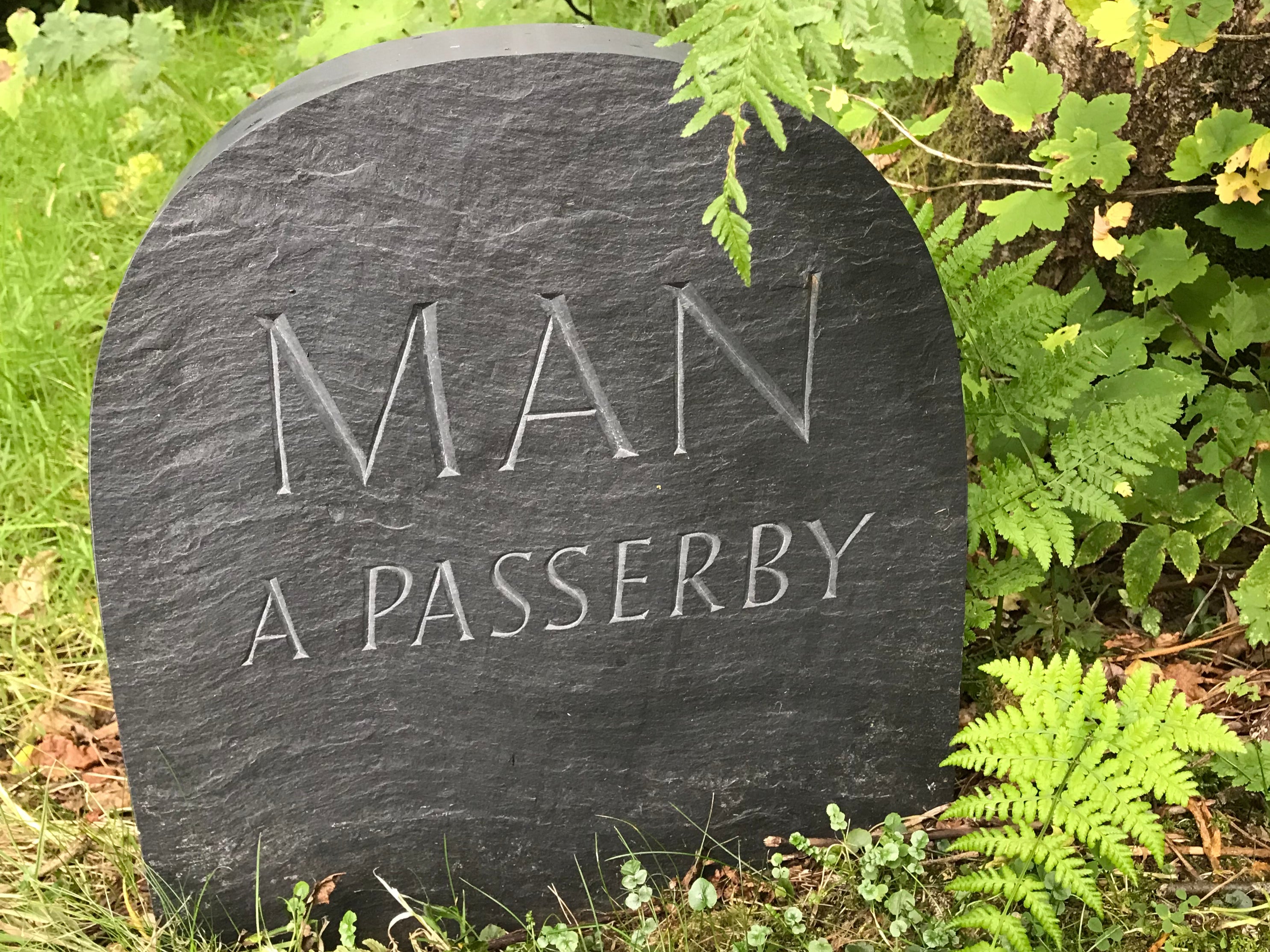 In Ian Hamilton Finlay’s garden at Little Sparta in Lanarkshire, there’s a small upright stone, like a milestone or a gravestone, standing by a path – a tribute to the poet and artist