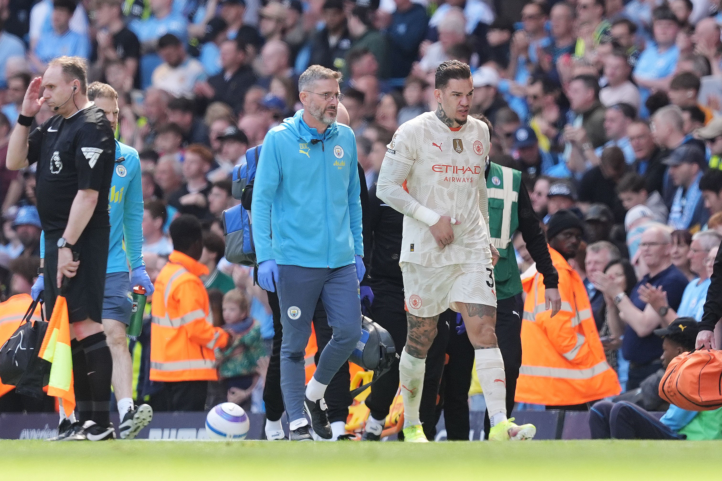 Ederson (centre right) will not feature at Goodison Park (Martin Rickett/PA)