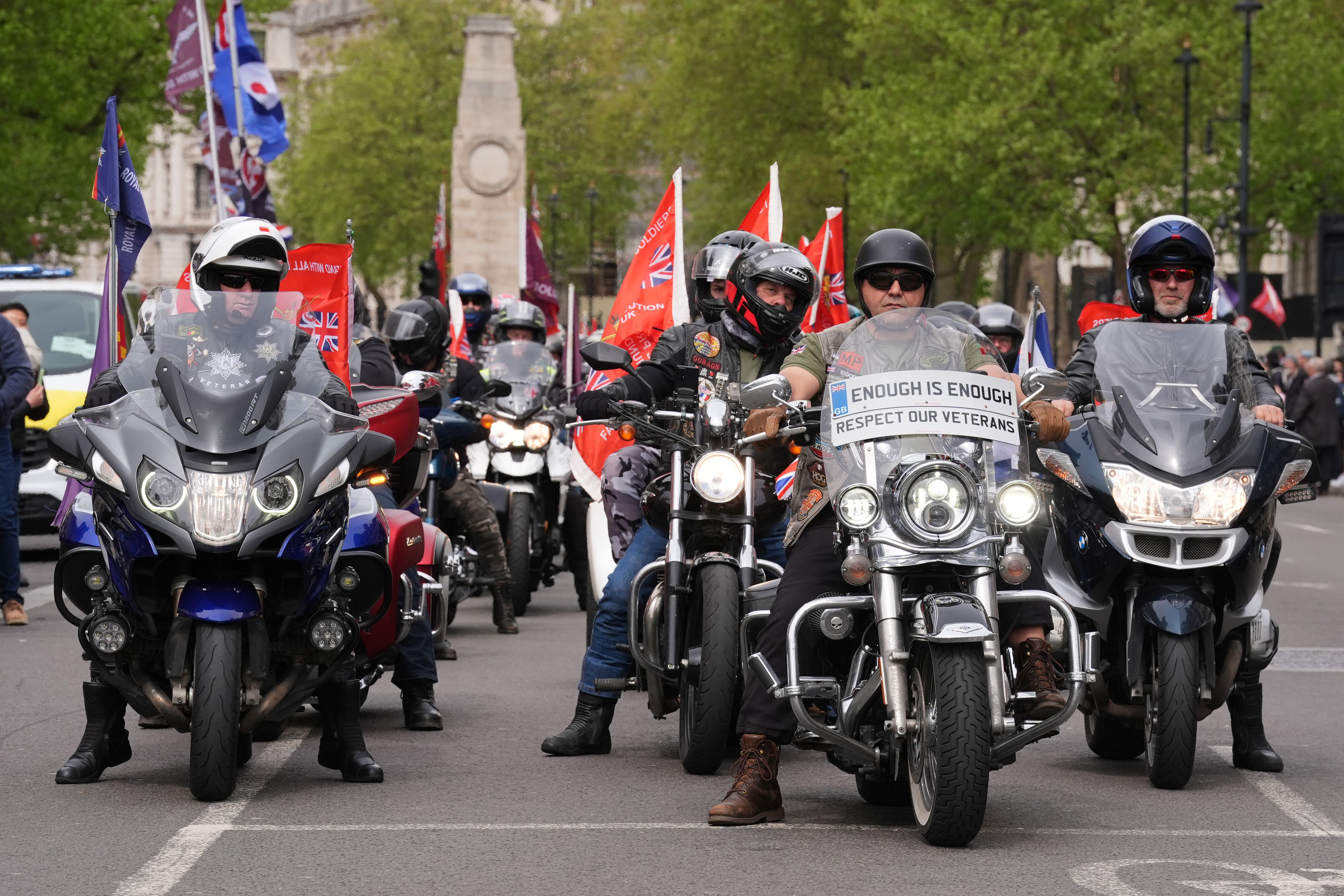 The veterans rode motorbikes through Whitehall as part of the protest (Lucy North/PA)