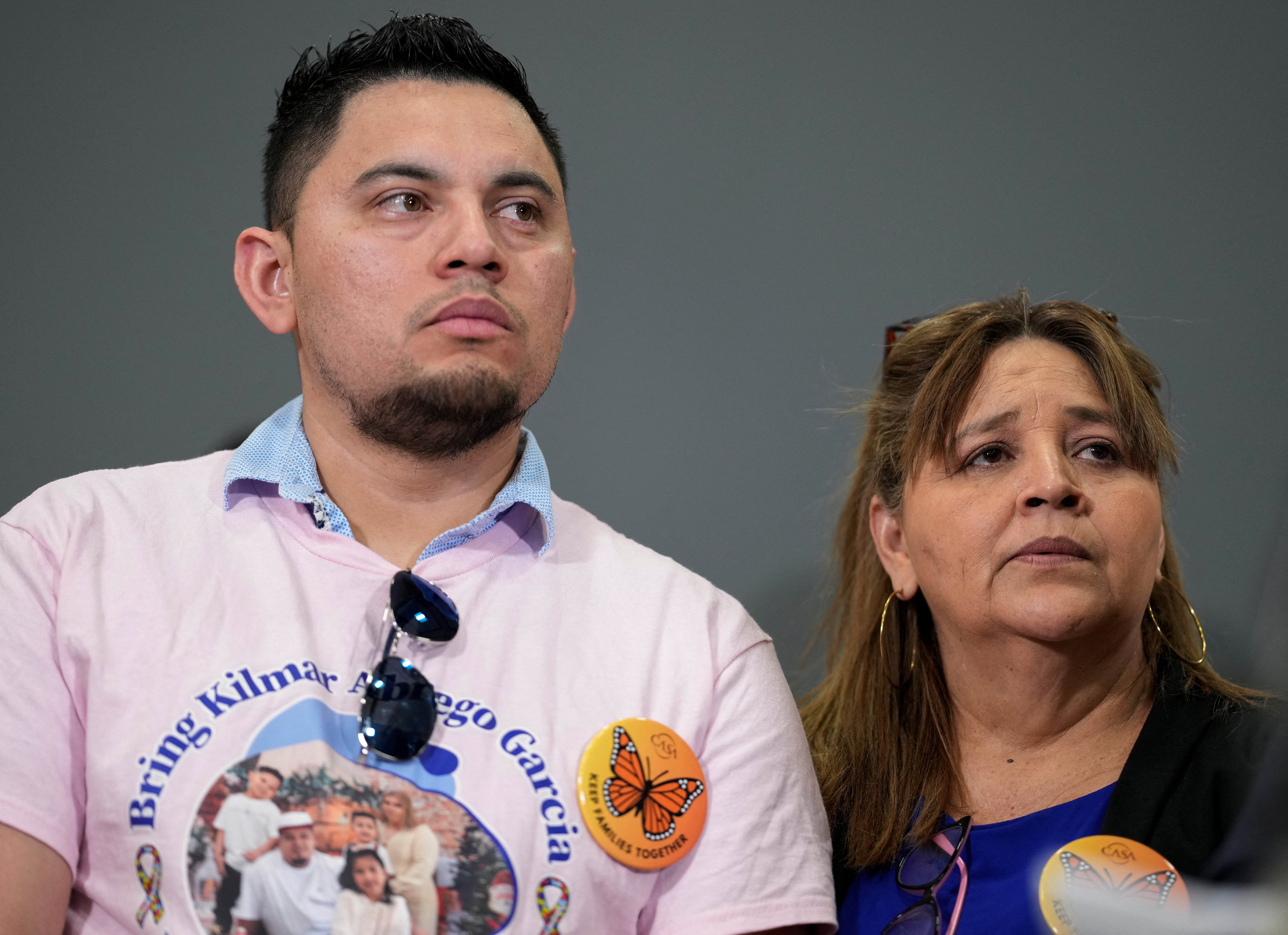 Cesar Abriego Garcia and Cecilia Garcia de Abrego, the brother and the mother of Kilmar Abrego Garcia, joined Senator Van Hollen after his arrival from El Salvador on April 18