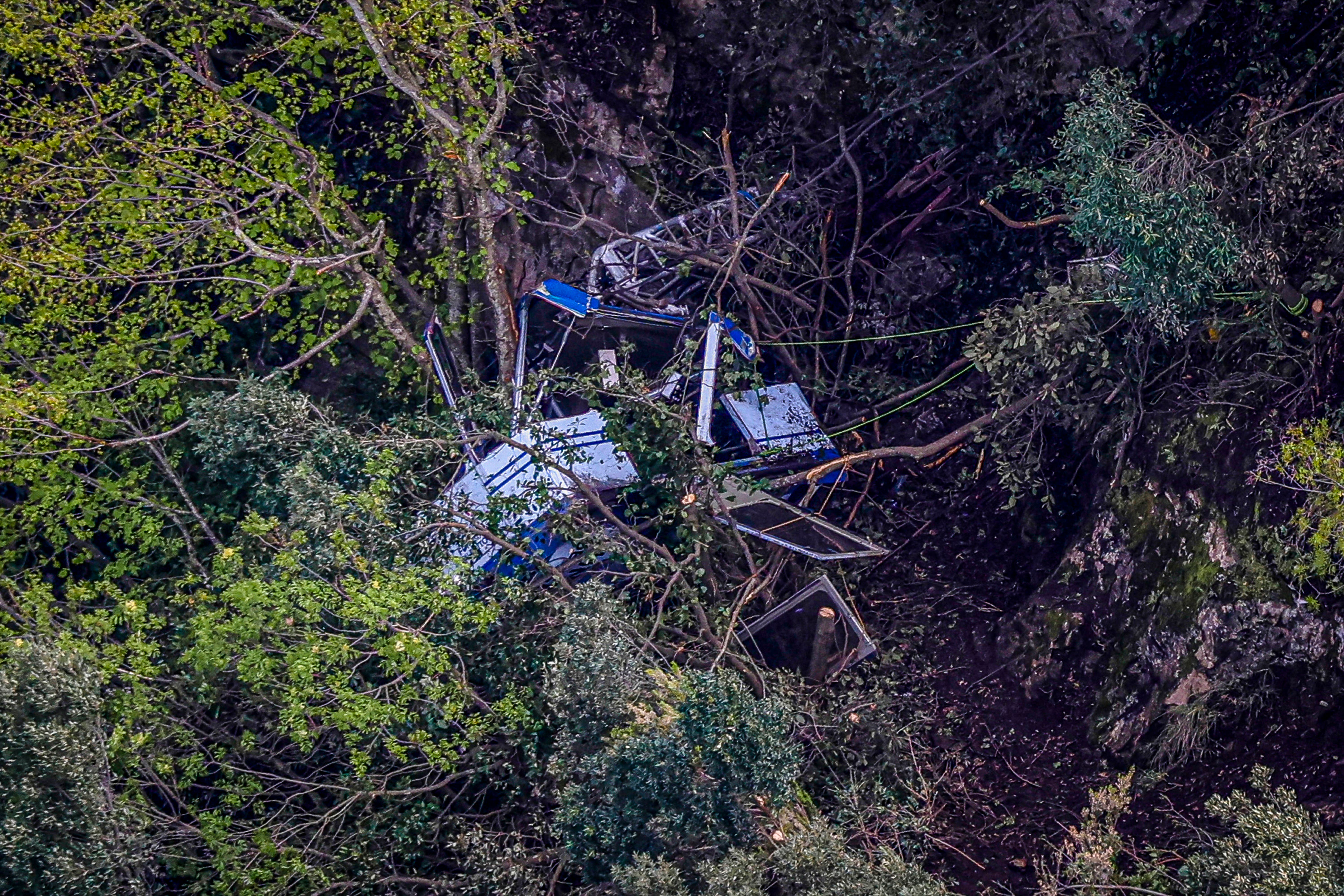 Aerial view of the crashed gondola of a cable car