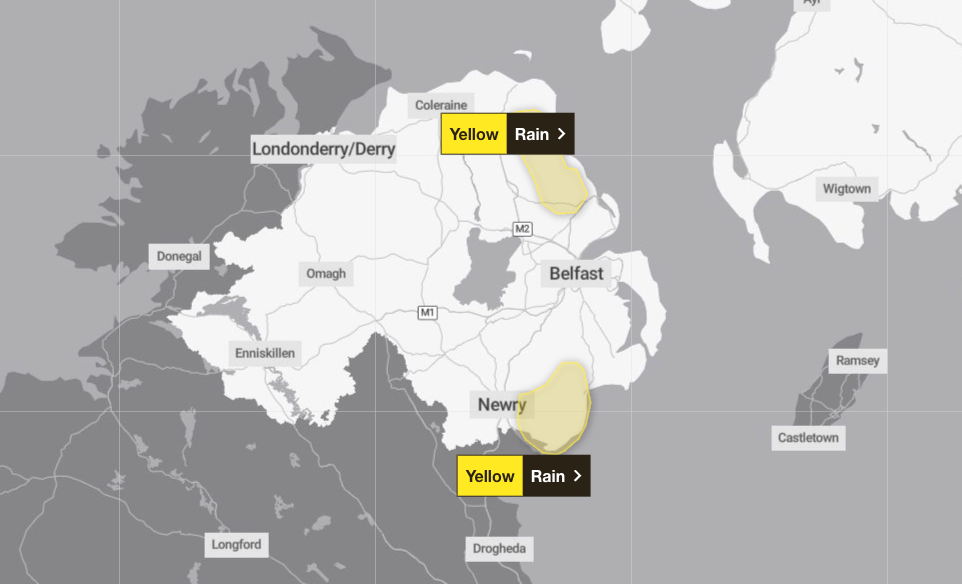 Yellow weather warnings for rain are in place for parts of Northern Ireland until 3pm on Saturday