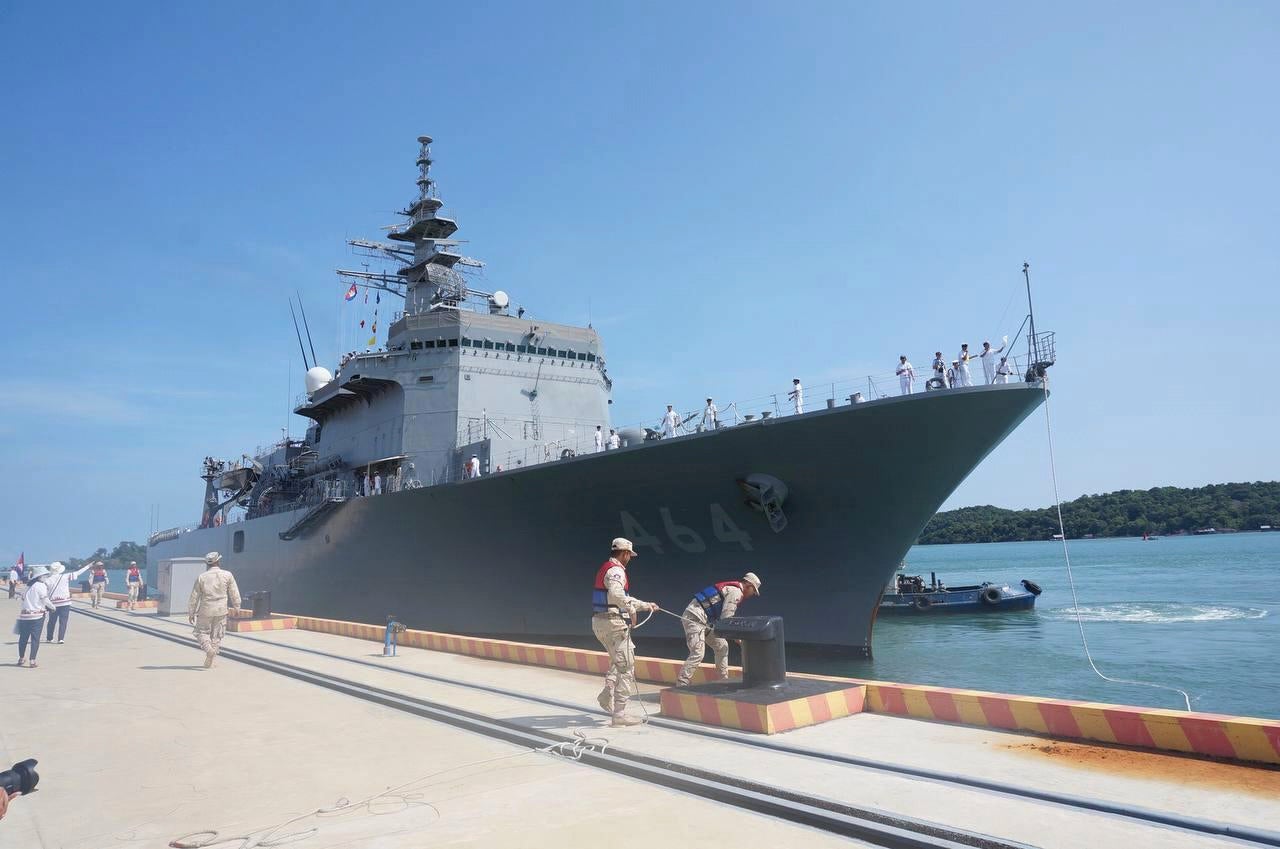 A Japanese warship docks at a naval base's pier during a four-day visit at the Ream Naval Base, Cambodia, Saturday, 19 April 2025