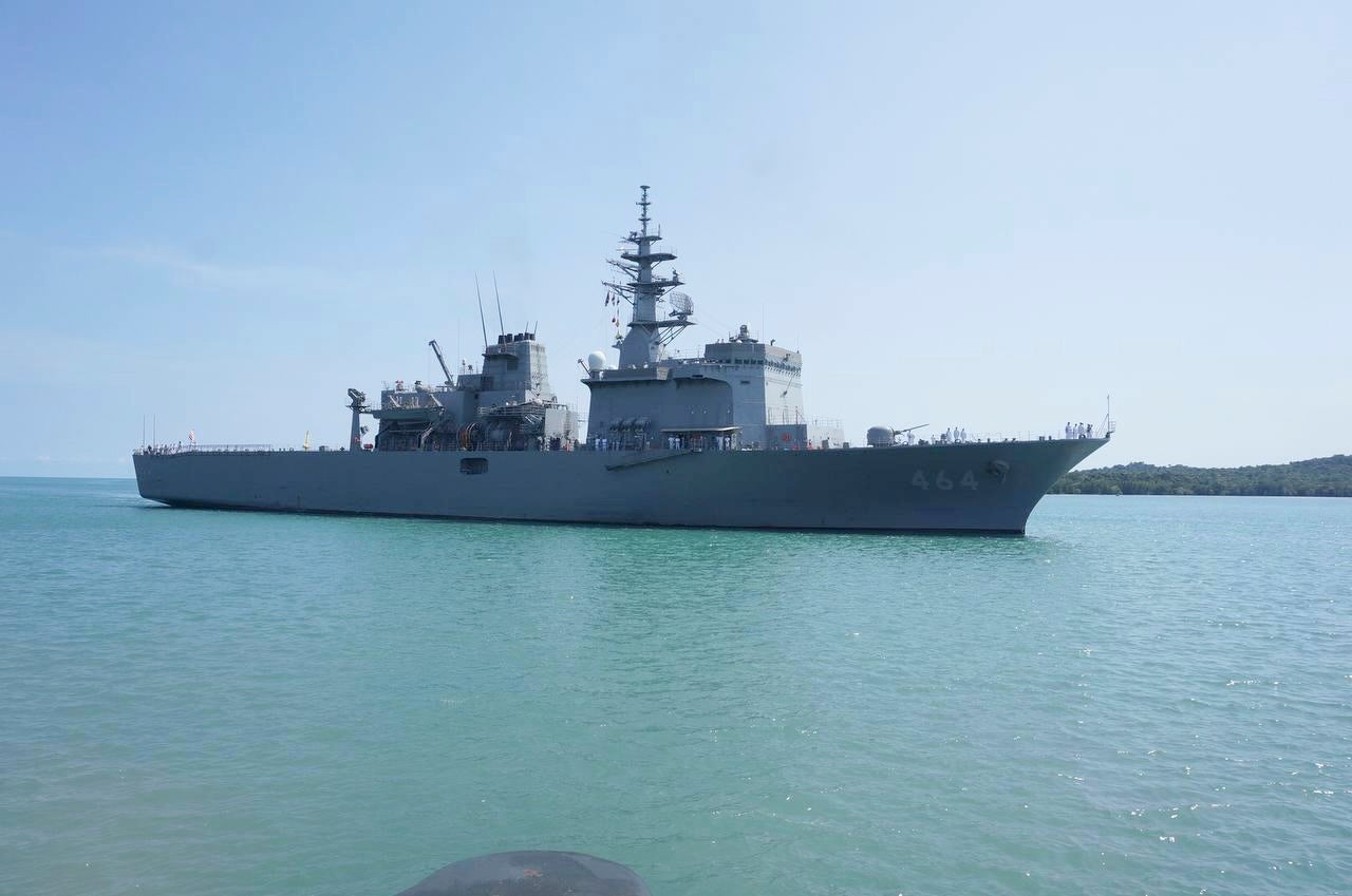A Japanese warship before docking at a naval base's pier during a four-day visit at the Ream Naval Base, Cambodia, 19 April 2025