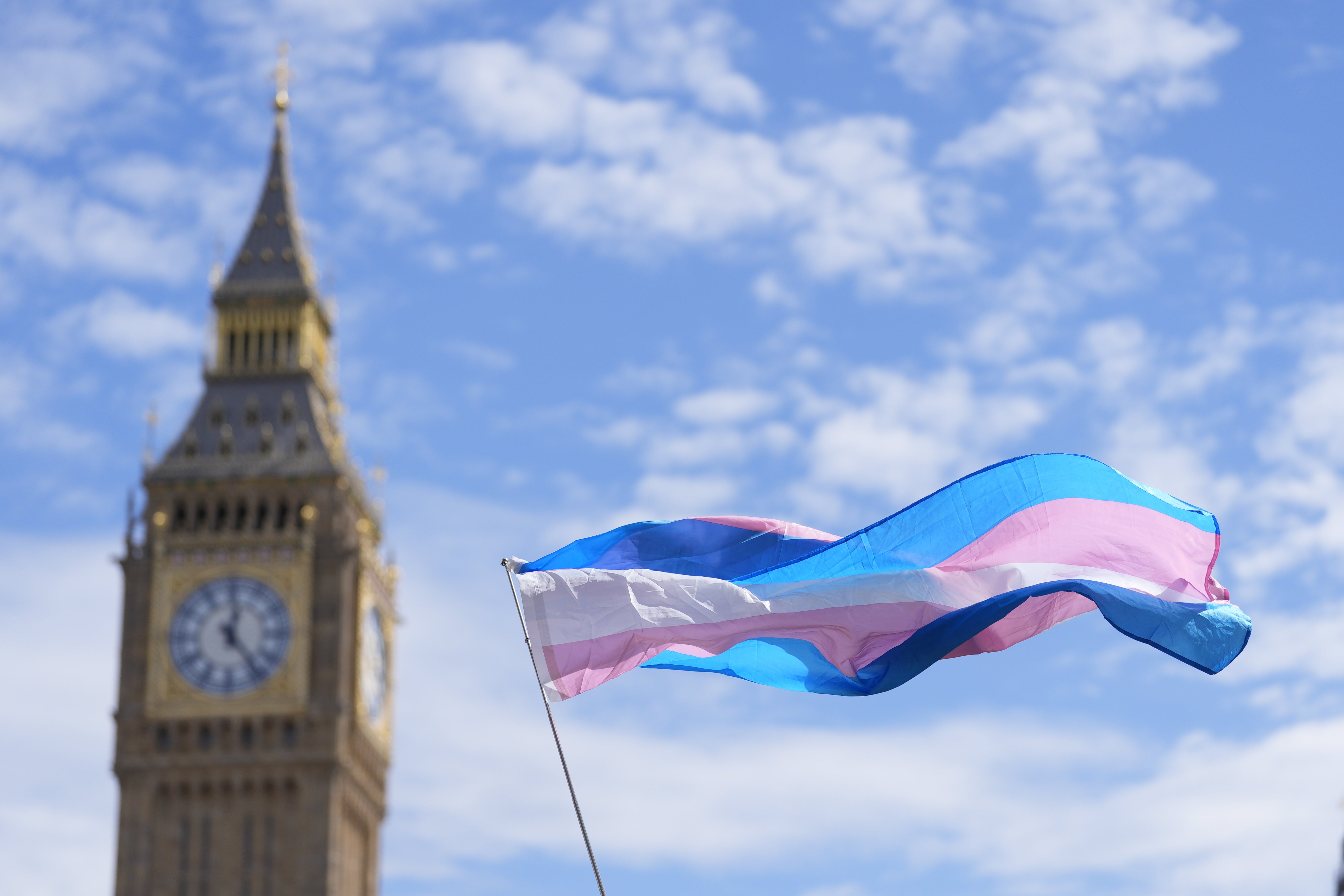 A flag in the colours of the trans movement flies in central London