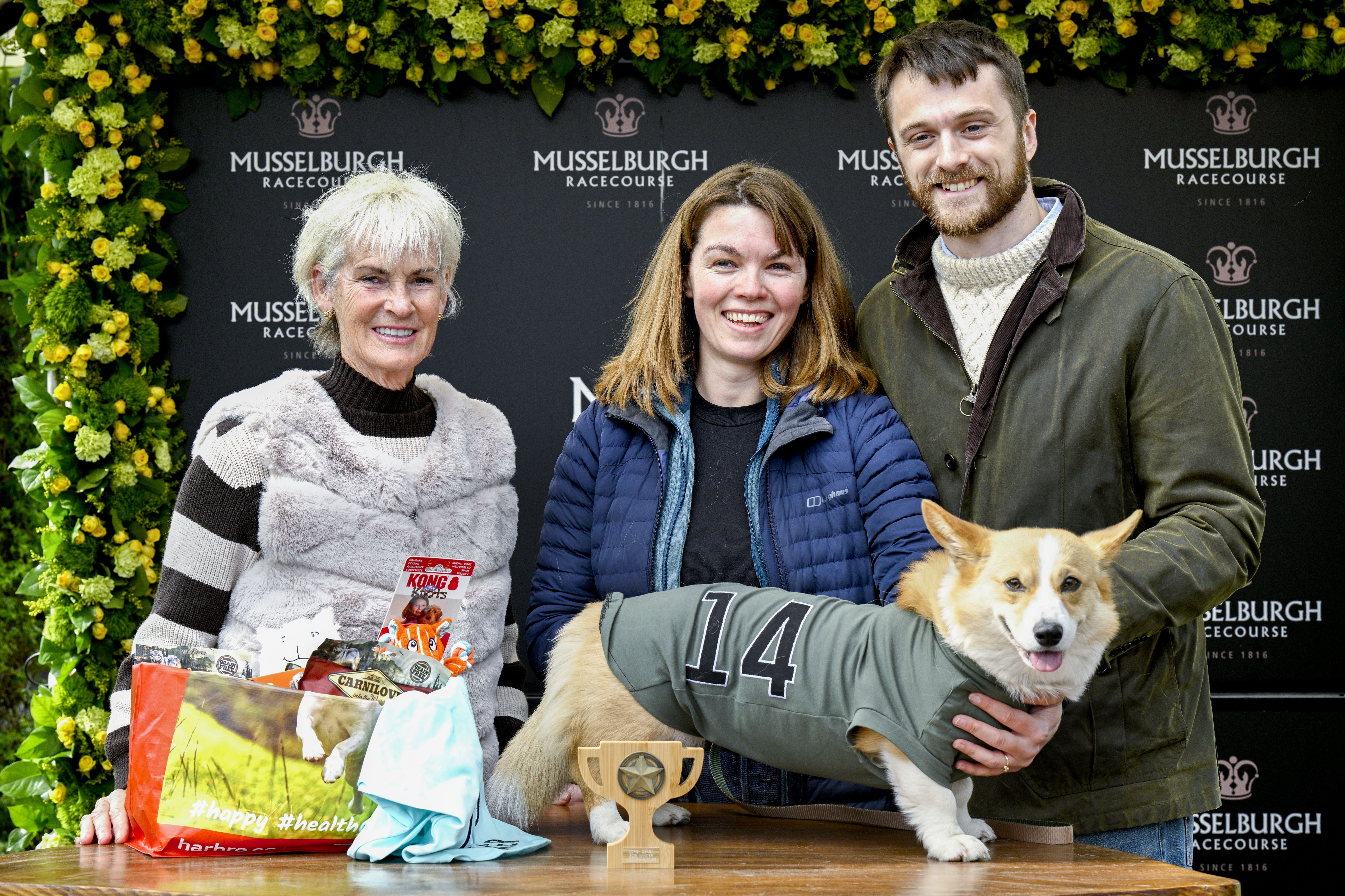 Juno with his owners Fran Brandon and Alisdair Tew and Judy Murray at Musselburgh Racecourse (Lesley Martin/PA)