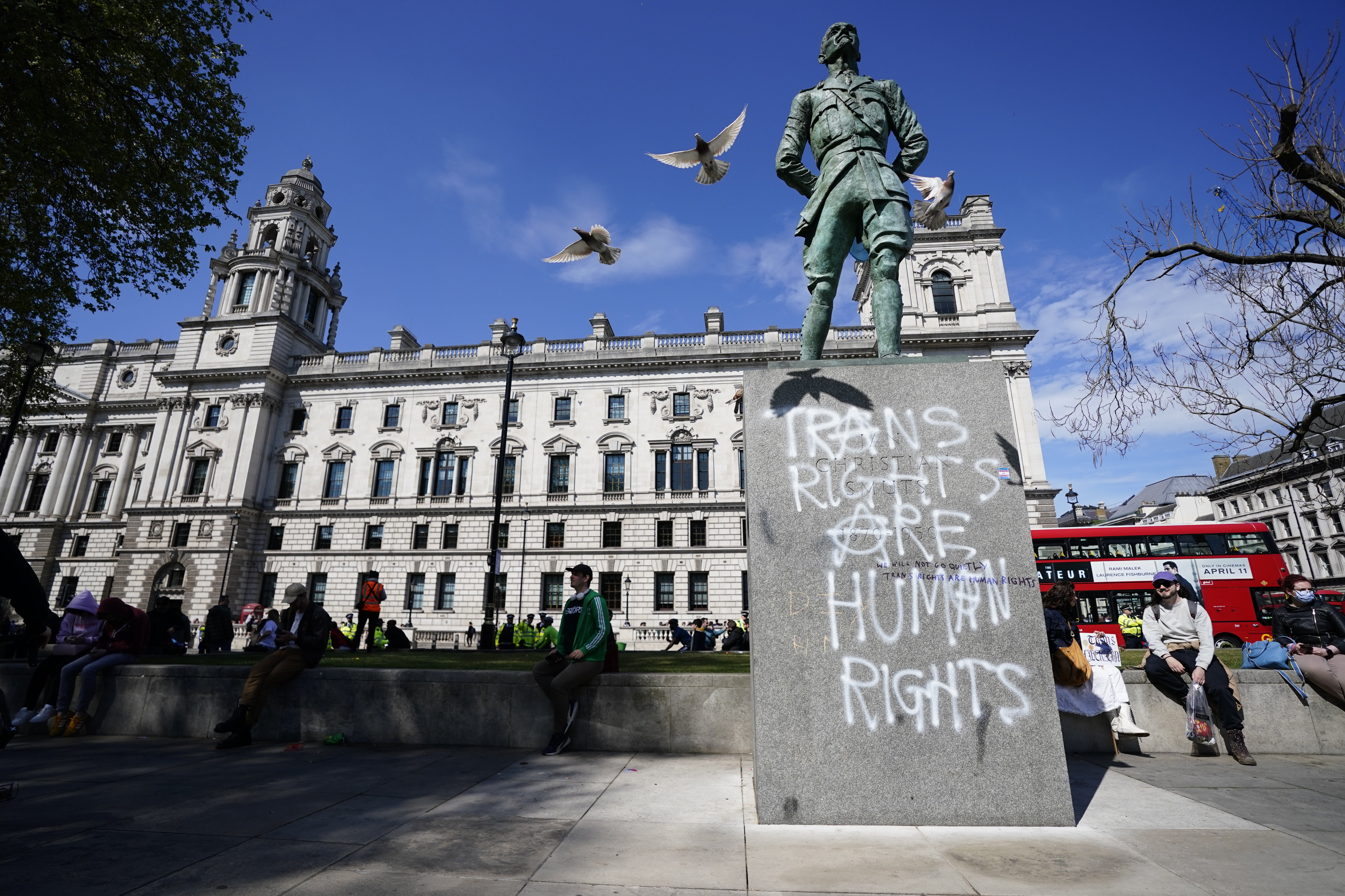 Graffiti on the statue of South African statesman Jan Christian Smuts in Parliament Square