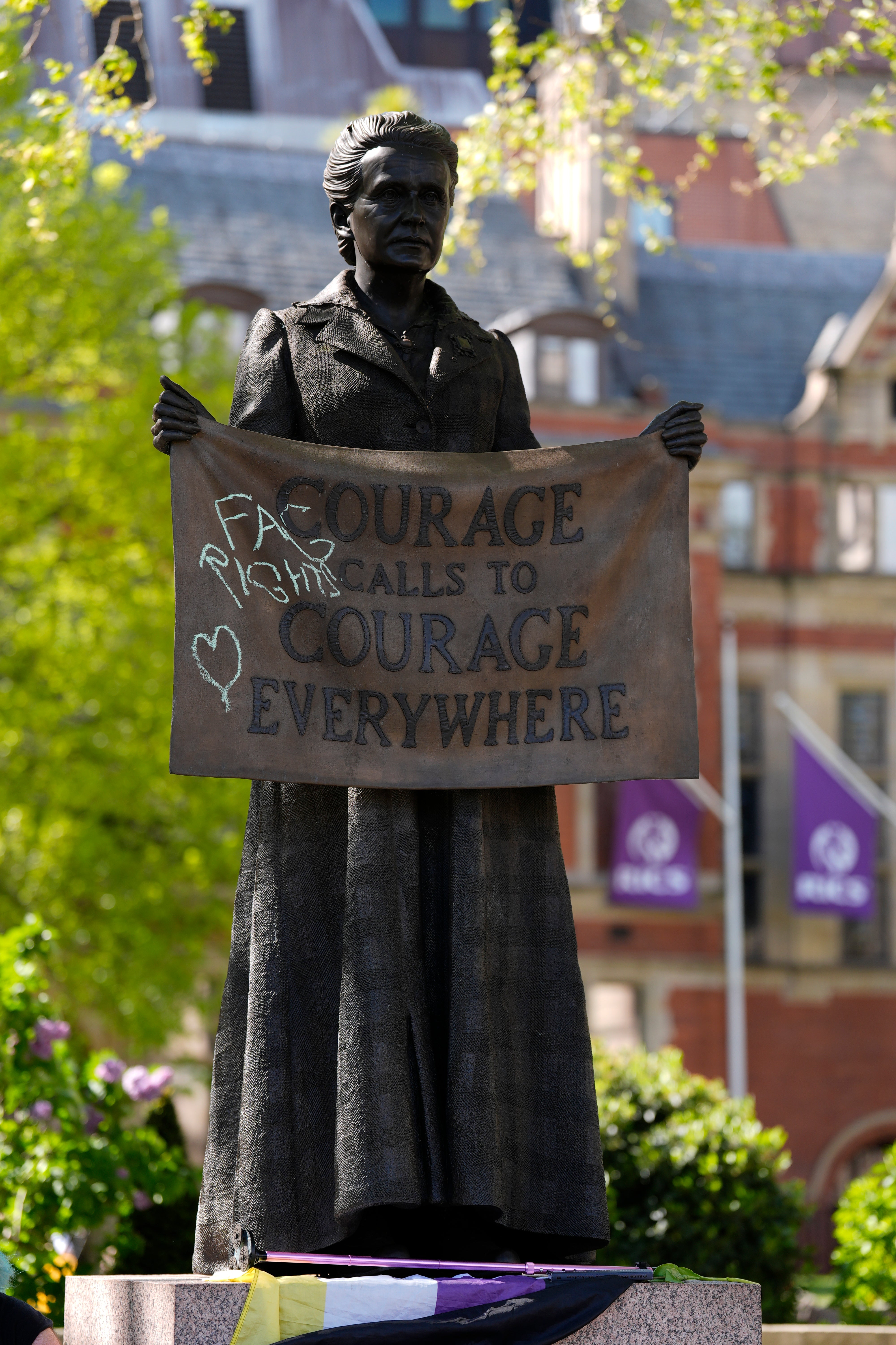 “F** rights” and a heart were painted on the banner held by suffragette Millicent Fawcett