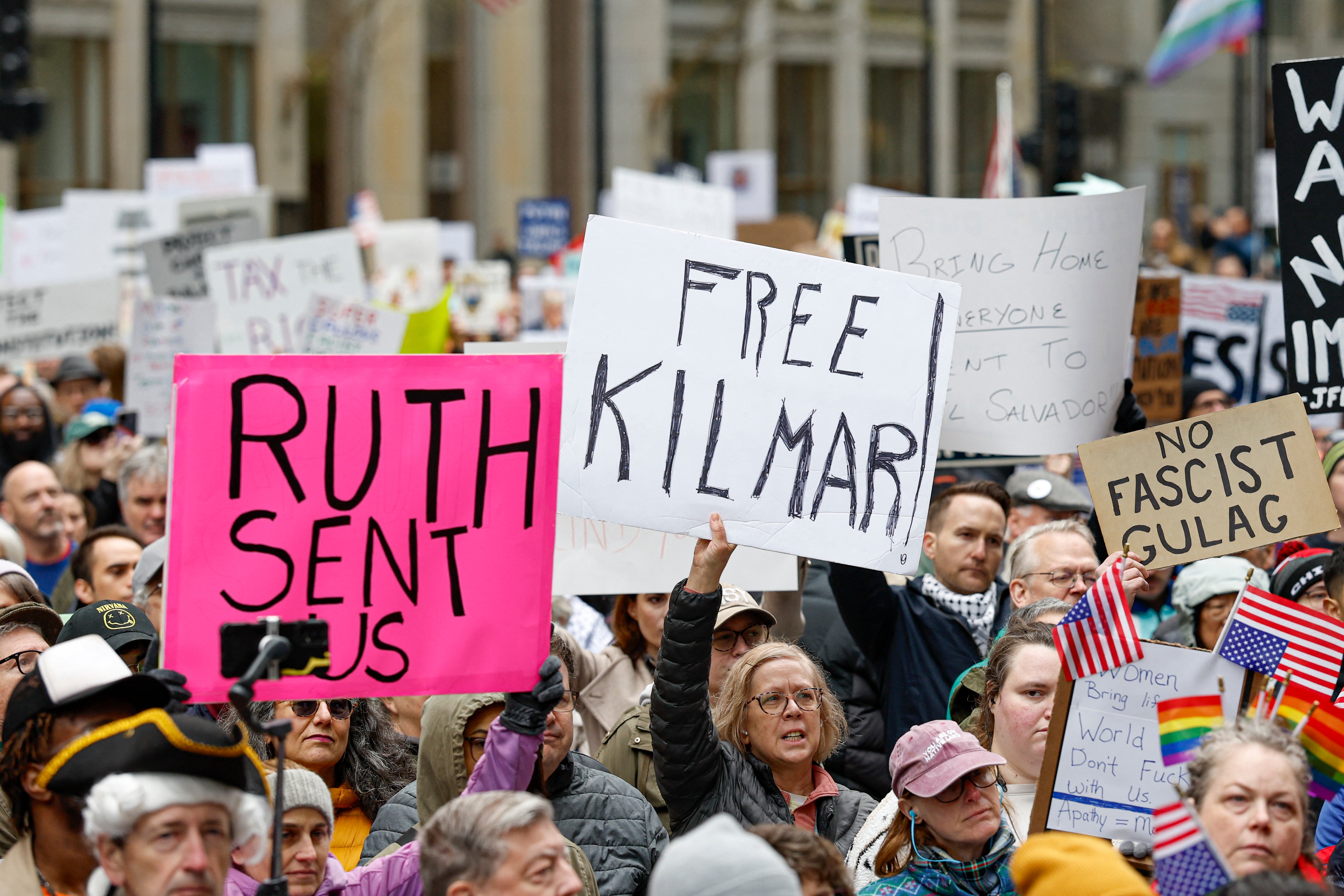 Protesters in New York hold up ‘Free Kilmar’ signs, referring to Kilmar Abrego Garcia , a Salvadoran father who was wrongfully removed from the U.S. last month