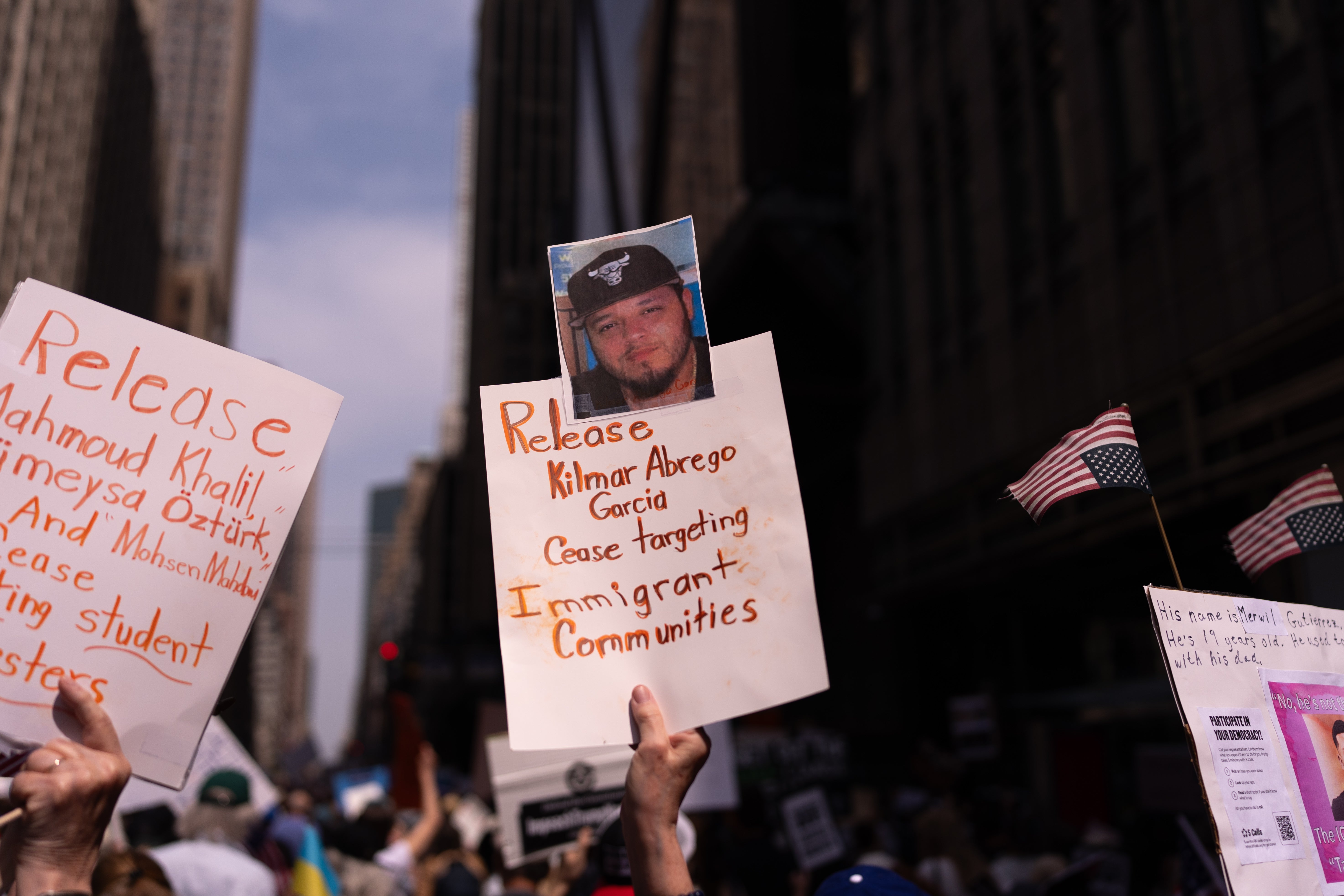 A protester in New York City holds up a sign calling for the release of Abrego Garcia: ‘Cease targeting immigrant communities’