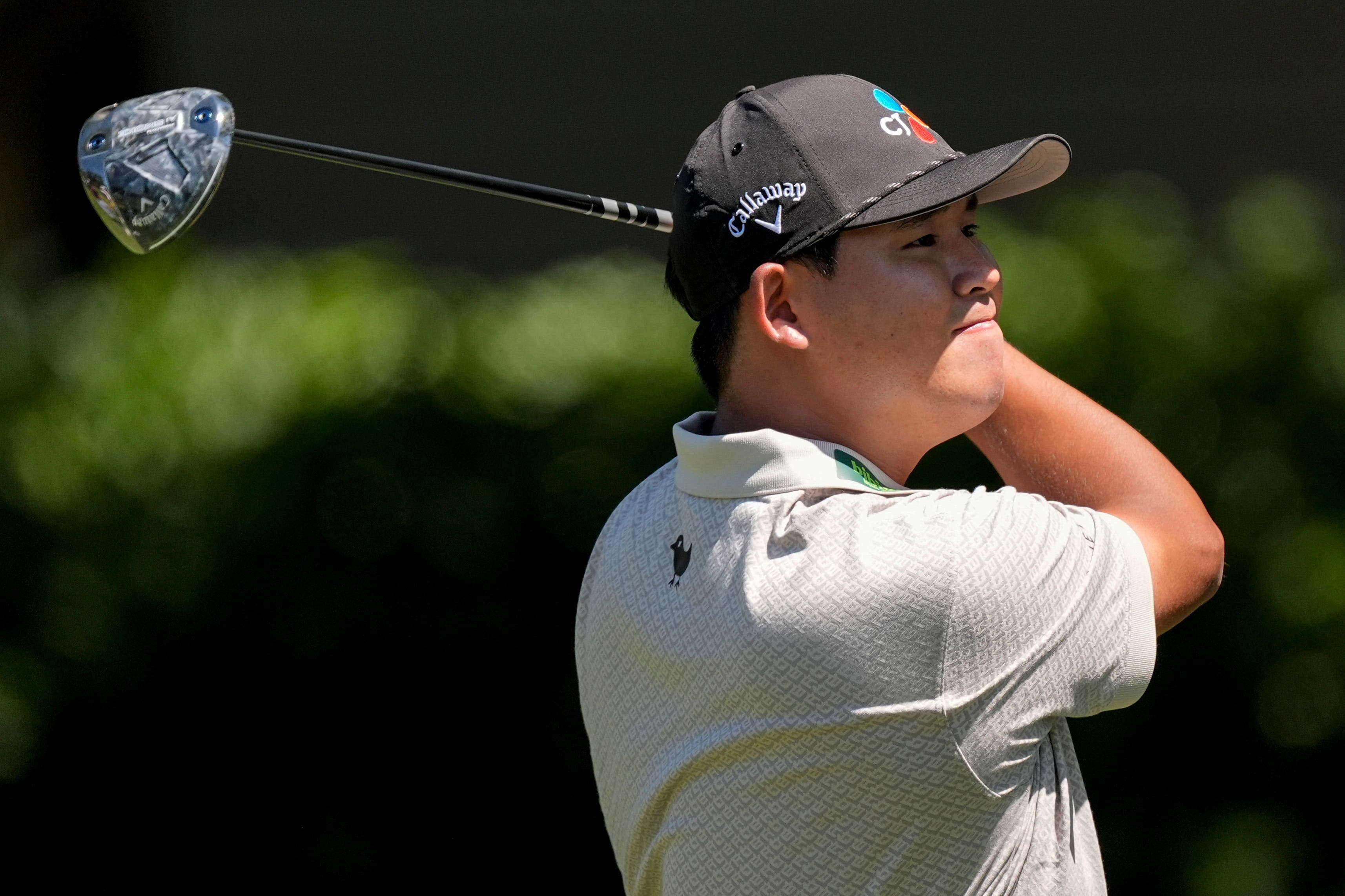 Si Woo Kim hits from the third tee during the third round of the RBC Heritage (Mike Stewart/AP)