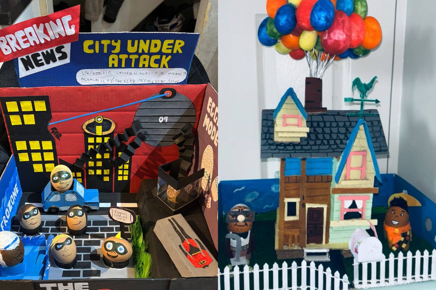 (From left to right) Caleb’s Incredibles egg project next to Isla’s egg-centred Up project (Megan Ensor/Janeane Kearney/PA)