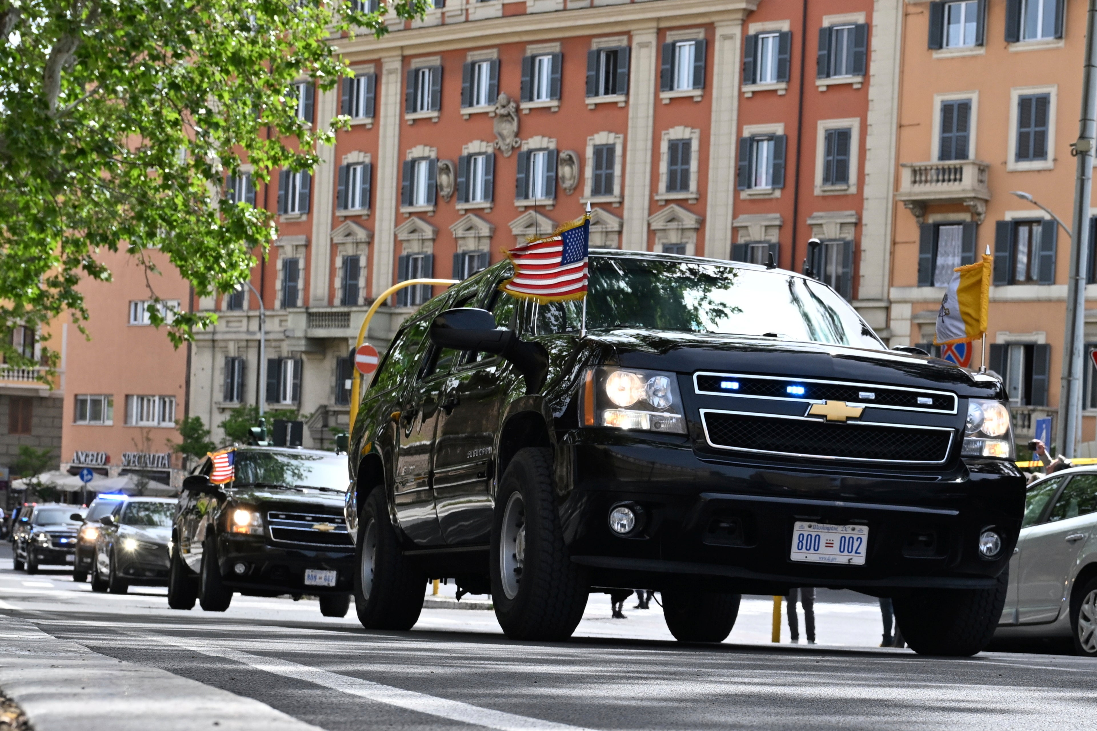 The motorcade of U.S. Vice President JD Vance is seen en route to the Vatican