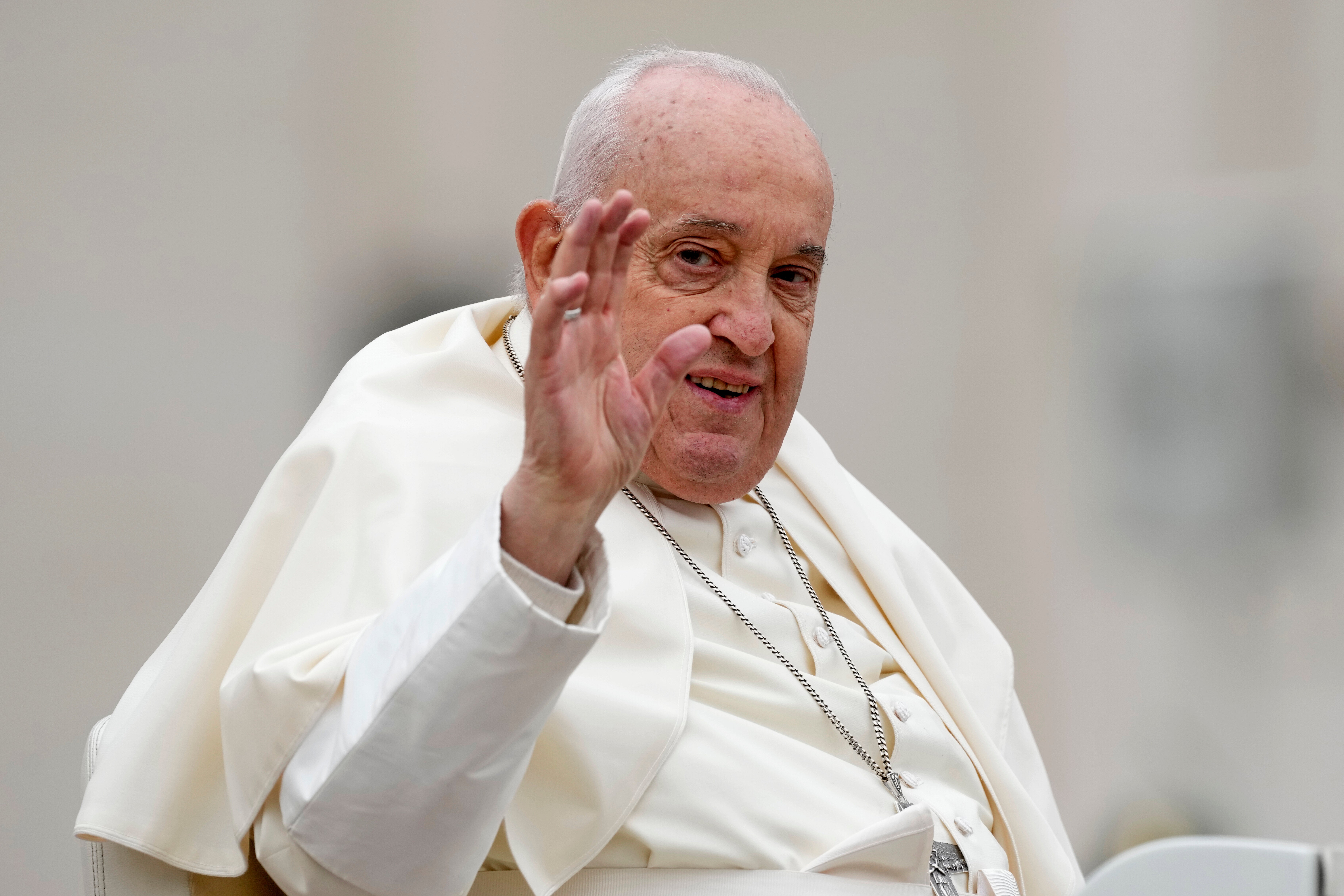 Pope Francis smiles after celebrating Easter mass in St. Peter's Square at the Vatican, Sunday, March 31, 2024. (AP Photo/Andrew Medichini, file)