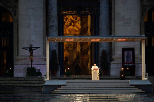 Pope Francis delivers an Urbi et orbi prayer from the empty St. Peter's Square, at the Vatican in March 2020