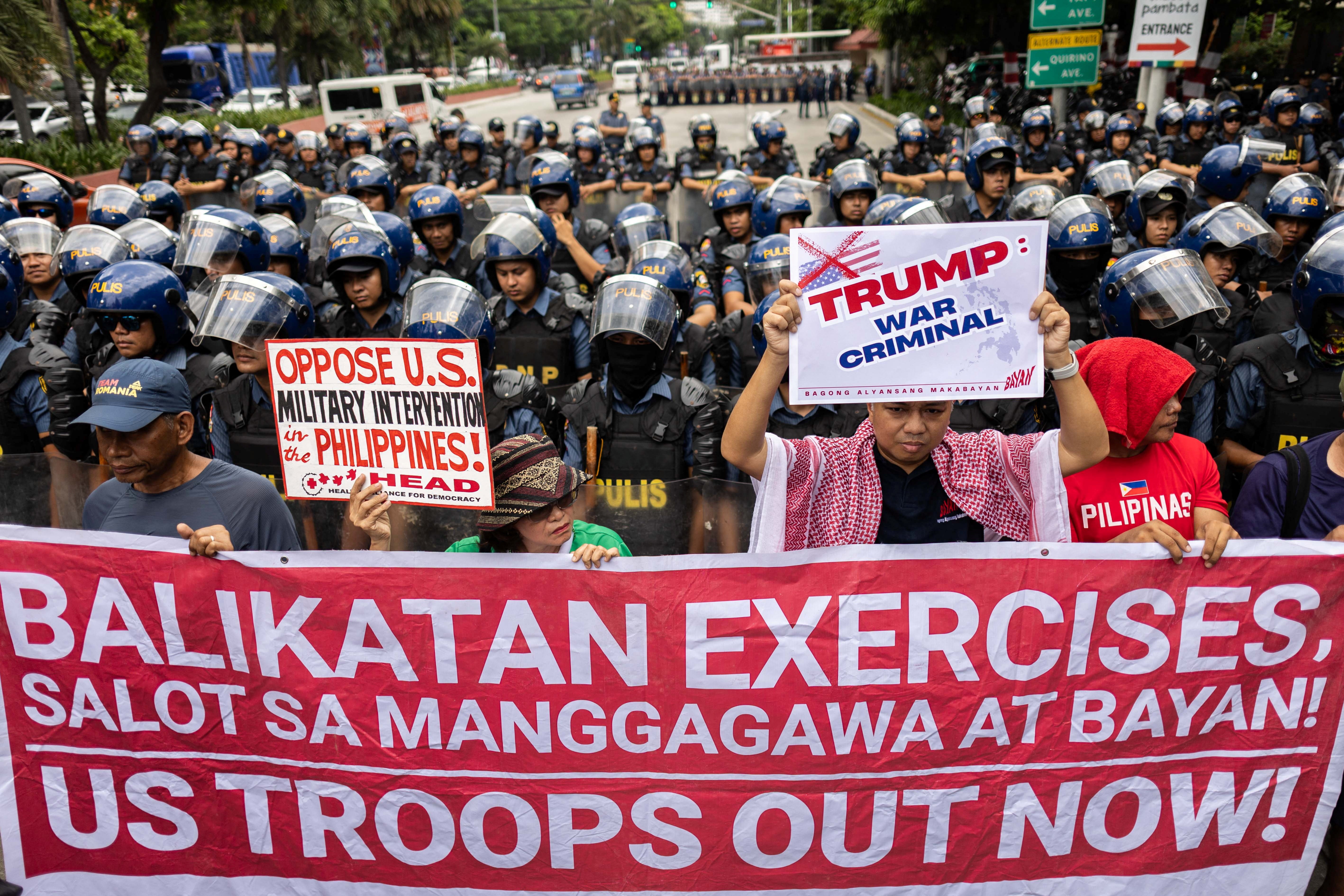 Filipino activists protest near the US embassy in Manila against the annual Balikatan exercises