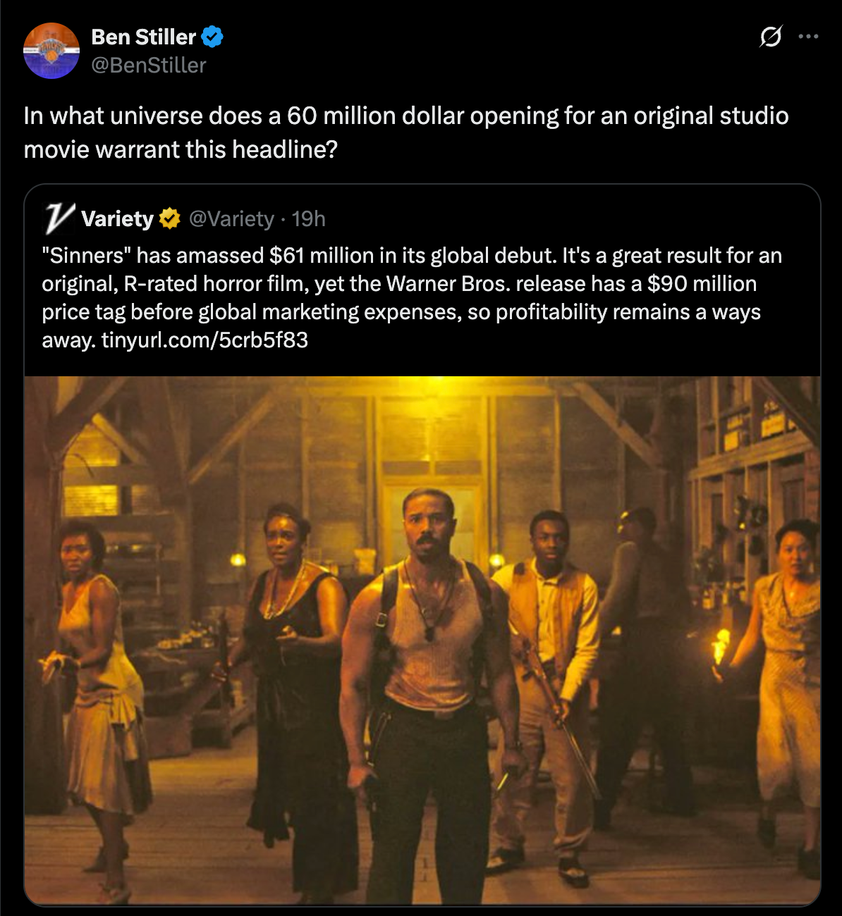 Ben Stiller slams report that ‘Sinners’ ‘remains a ways away from profitability’ after $61 million global debut