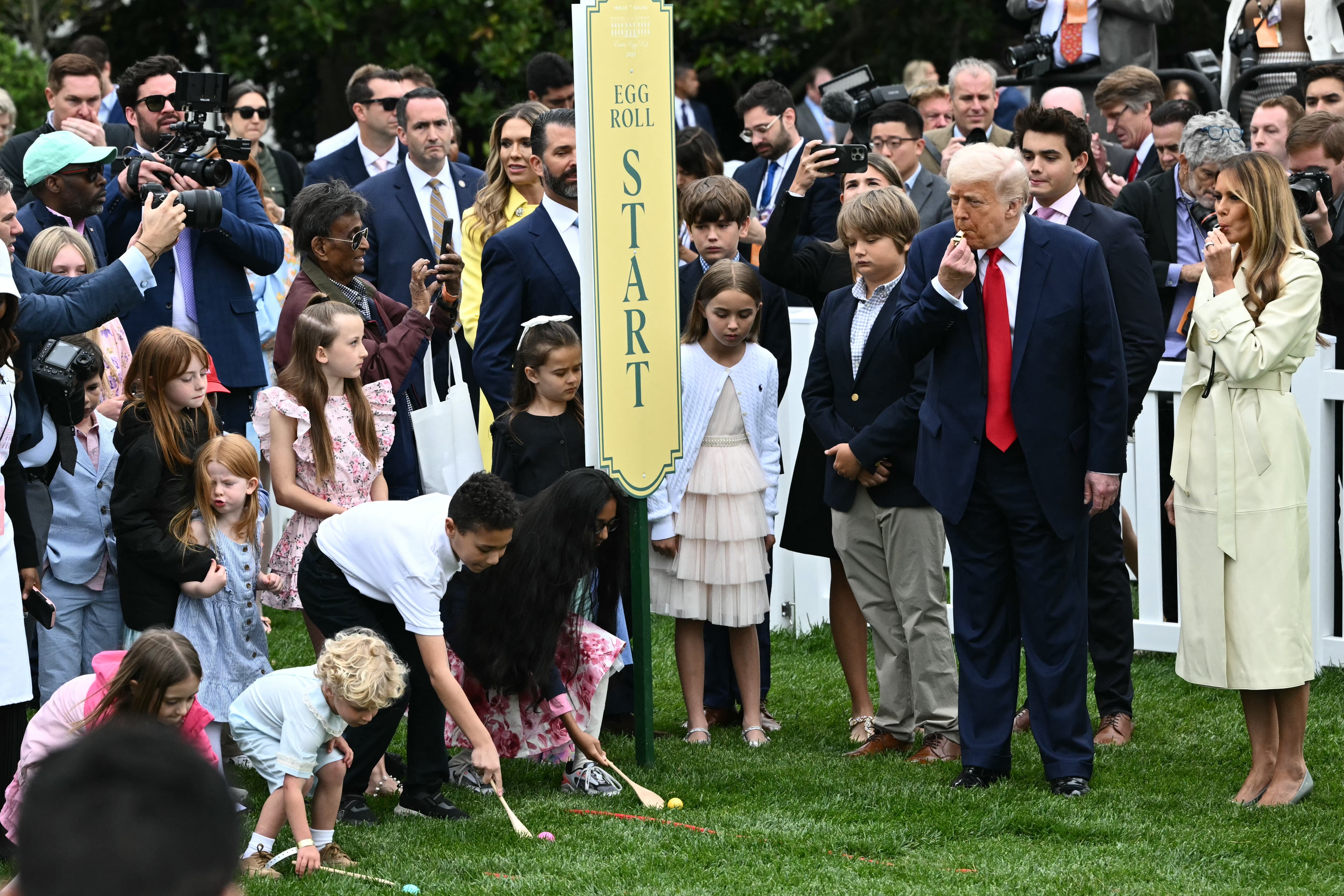 Trump and the first lady blew whistles to start an egg roll race after the president’s speech, during which he said ‘Religion is coming back to America’