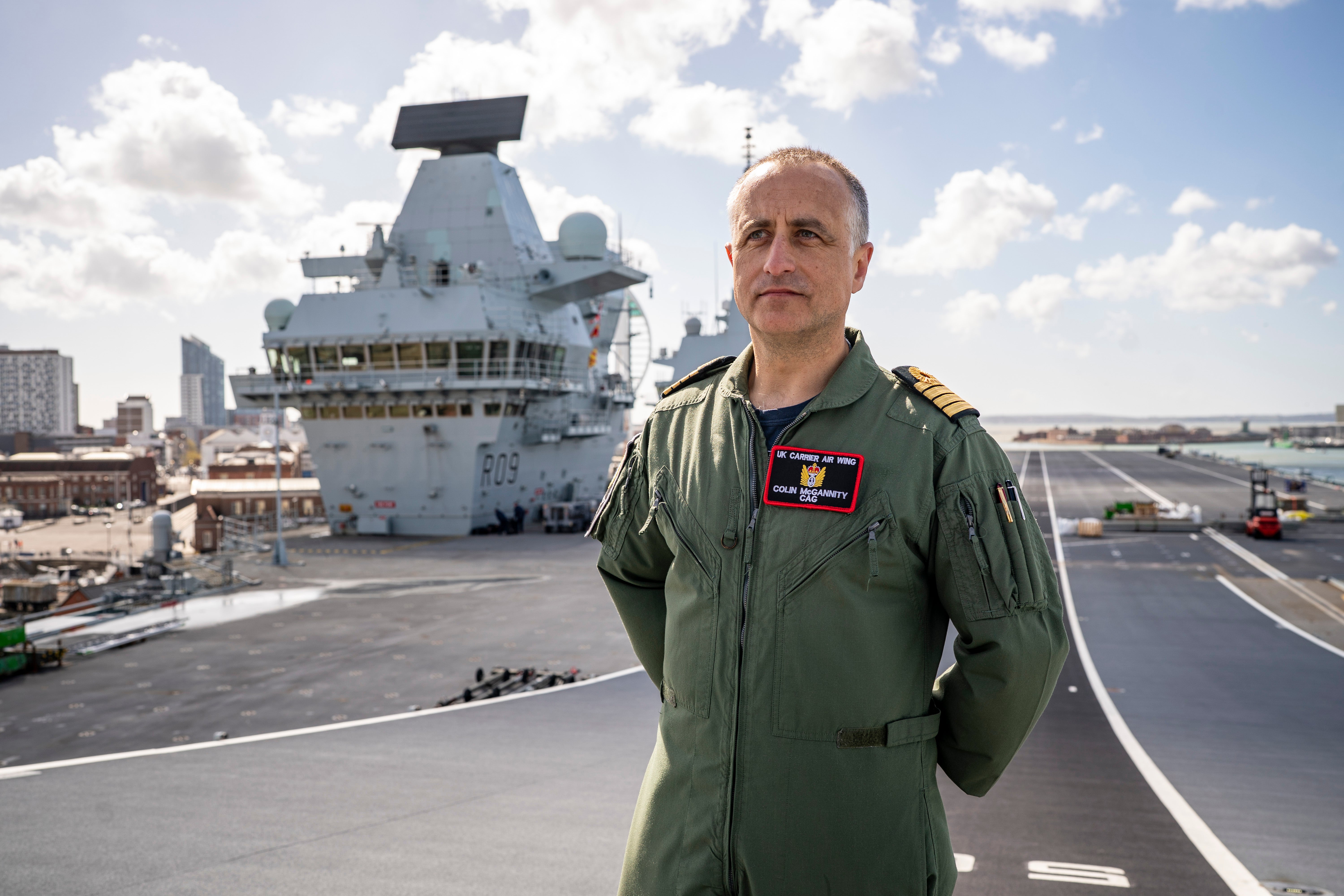 Captain Colin McGannity RN, Commander Air Group onboard HMS Prince of Wales docked at HM Naval Base Portsmouth