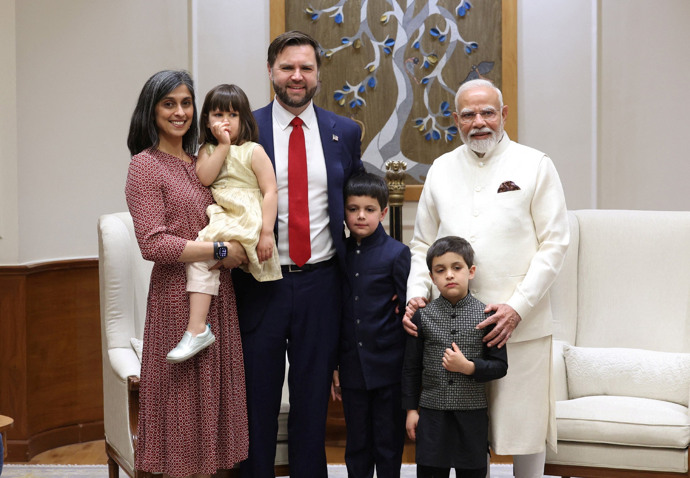 India's Prime Minister Narendra Modi meets U.S. Vice President JD Vance, second lady Usha Vance and their children at his residence in New Delhi