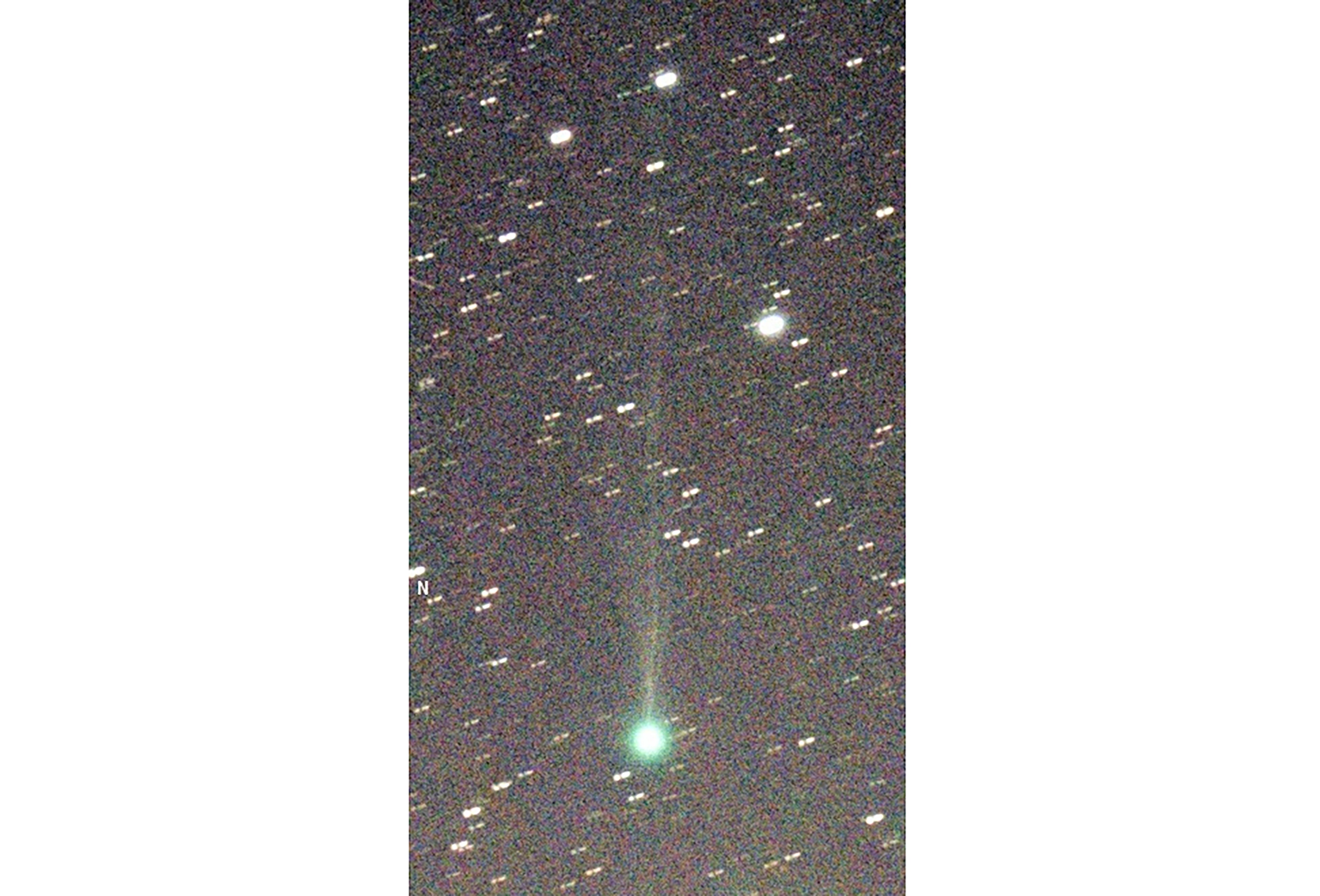 This image provided by Mike Olason shows the newly-discovered comet SWAN with its streaming tail on April 6, 2025. (Mike Olason via AP)